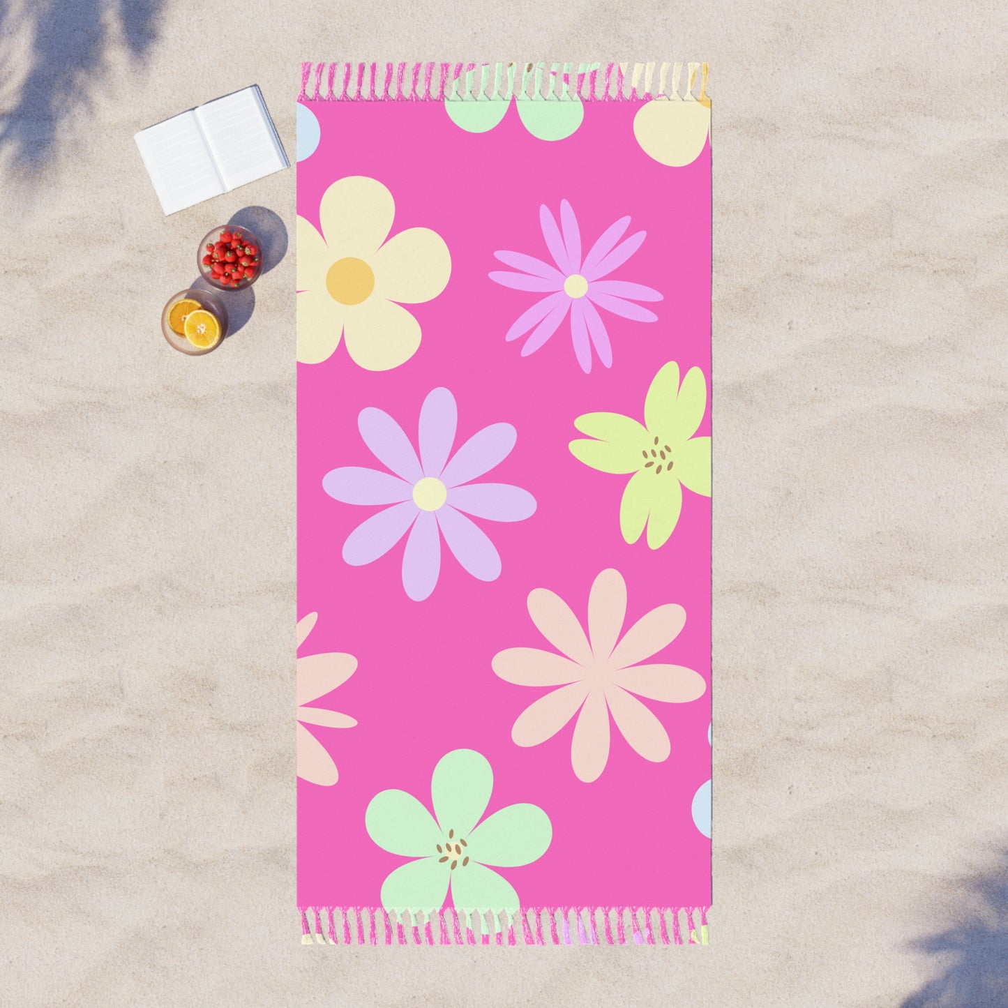 Boho Beach Cloth with Retro Mod Flower Design, Bright Pink Background, Girly, Pretty