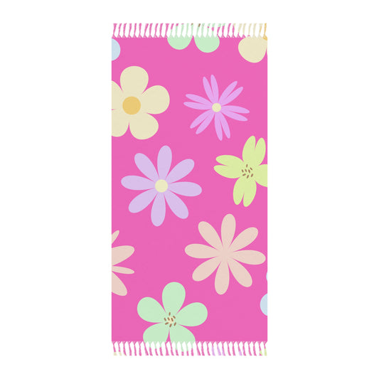 Boho Beach Cloth with Retro Mod Flower Design, Bright Pink Background, Girly, Pretty