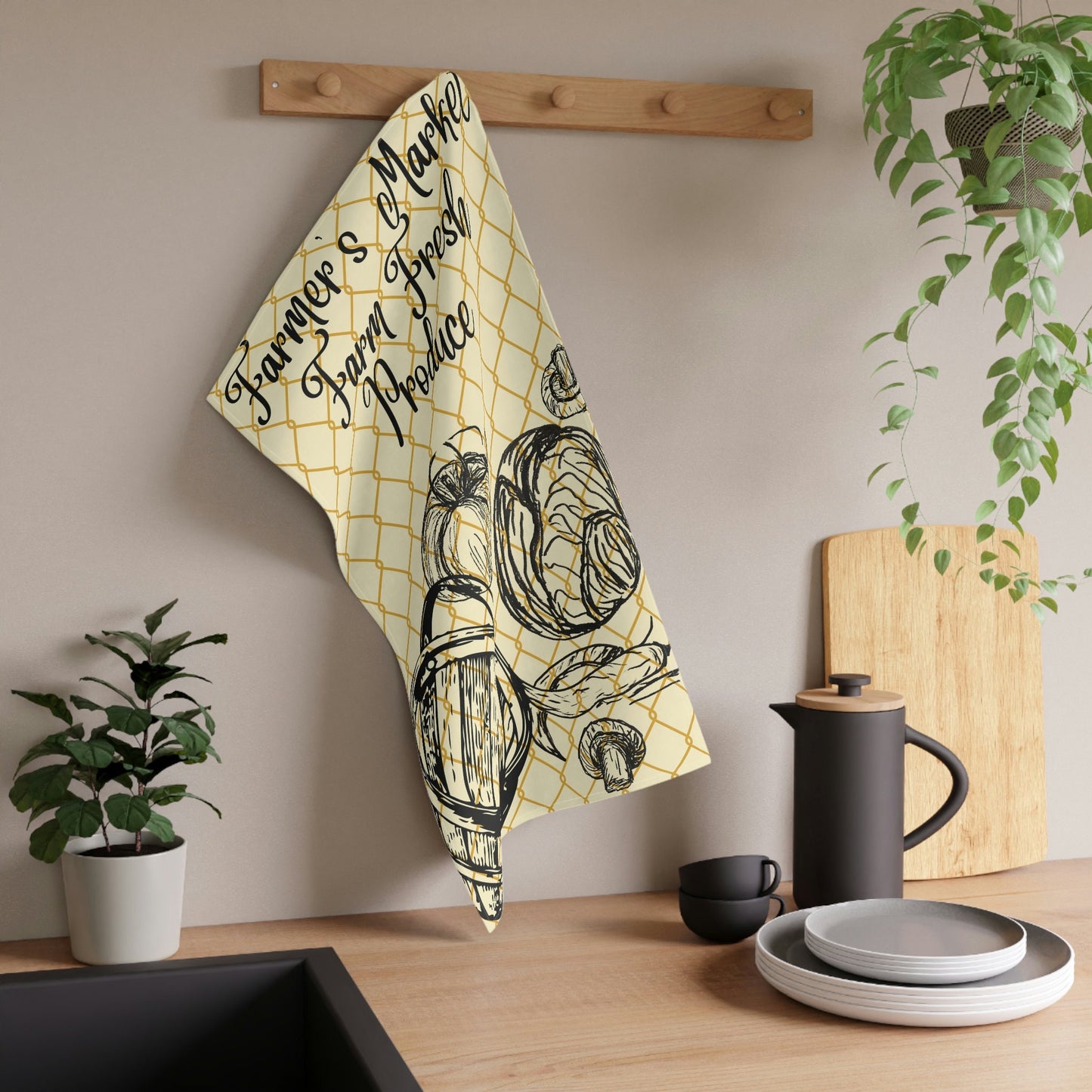 Kitchen Towel with Print of Farmers Market Theme