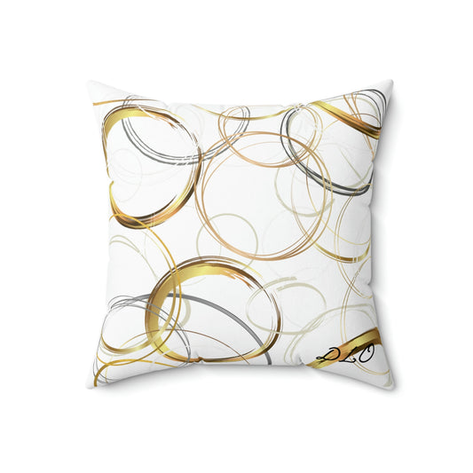 Spun Polyester Pillow with original digital artwork of abstrct circles in golds and browns on whithe background, four sizes available