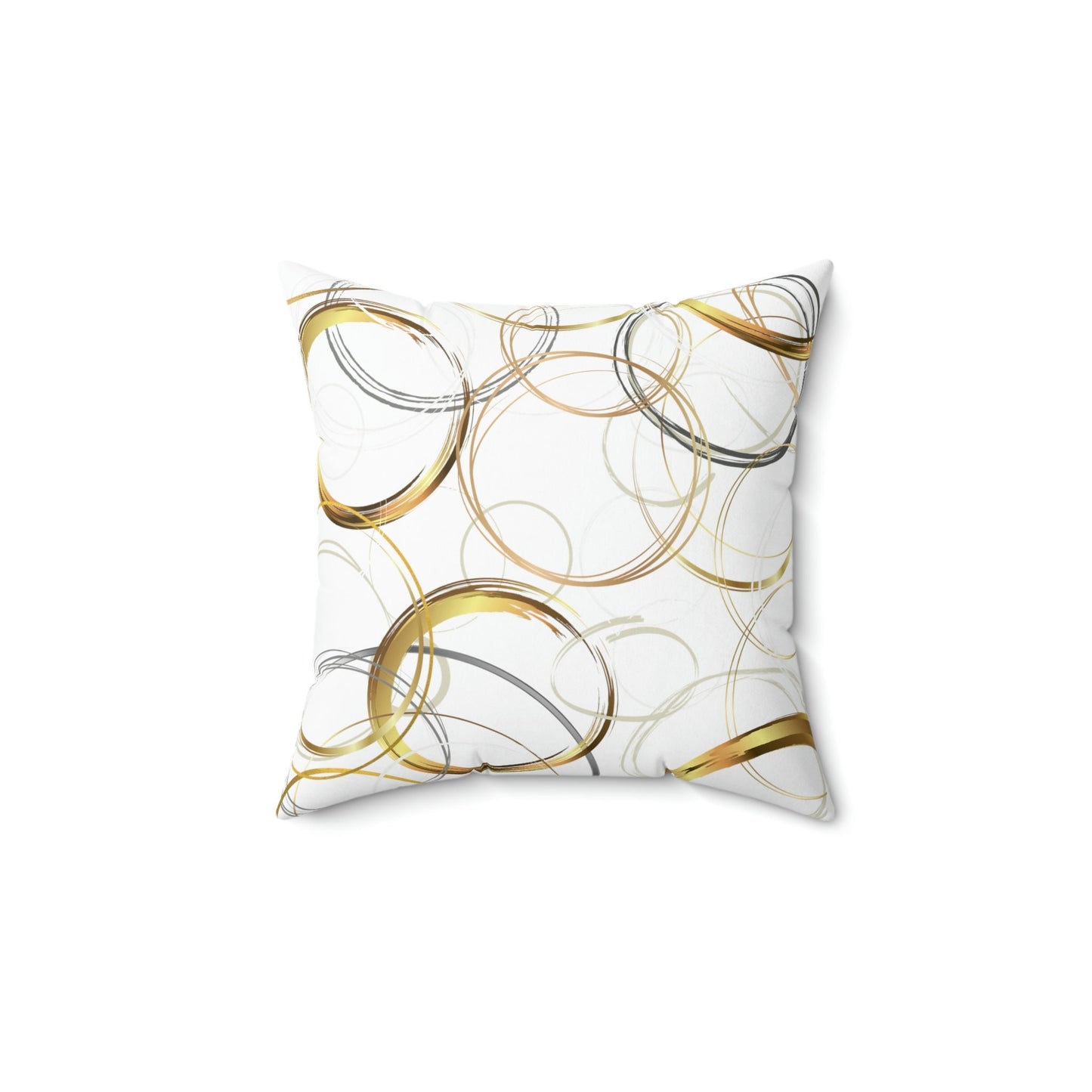 Spun Polyester Pillow with original digital artwork of abstrct circles in golds and browns on whithe background, four sizes available