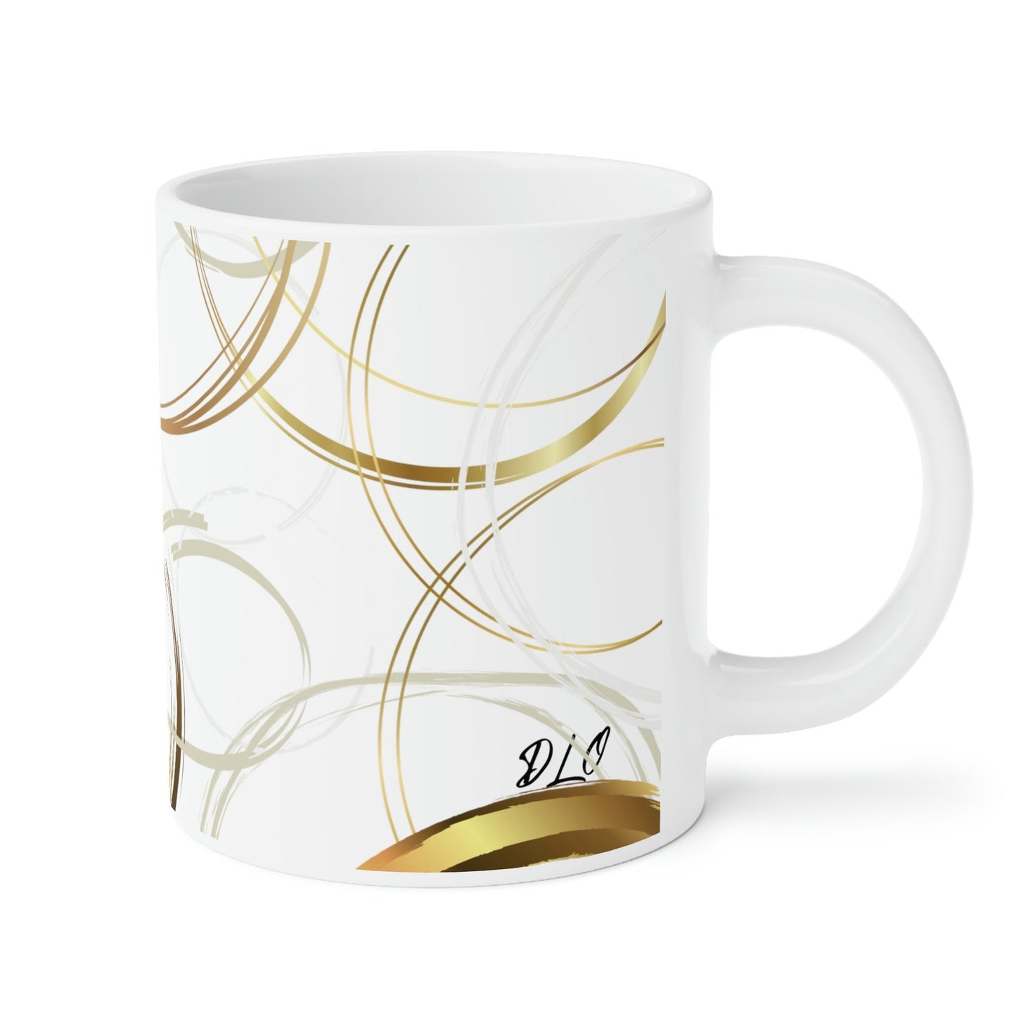 Ceramic Mugs (11oz15oz20oz) featuring my original digital abstract design of various circles in shades of brown and gold