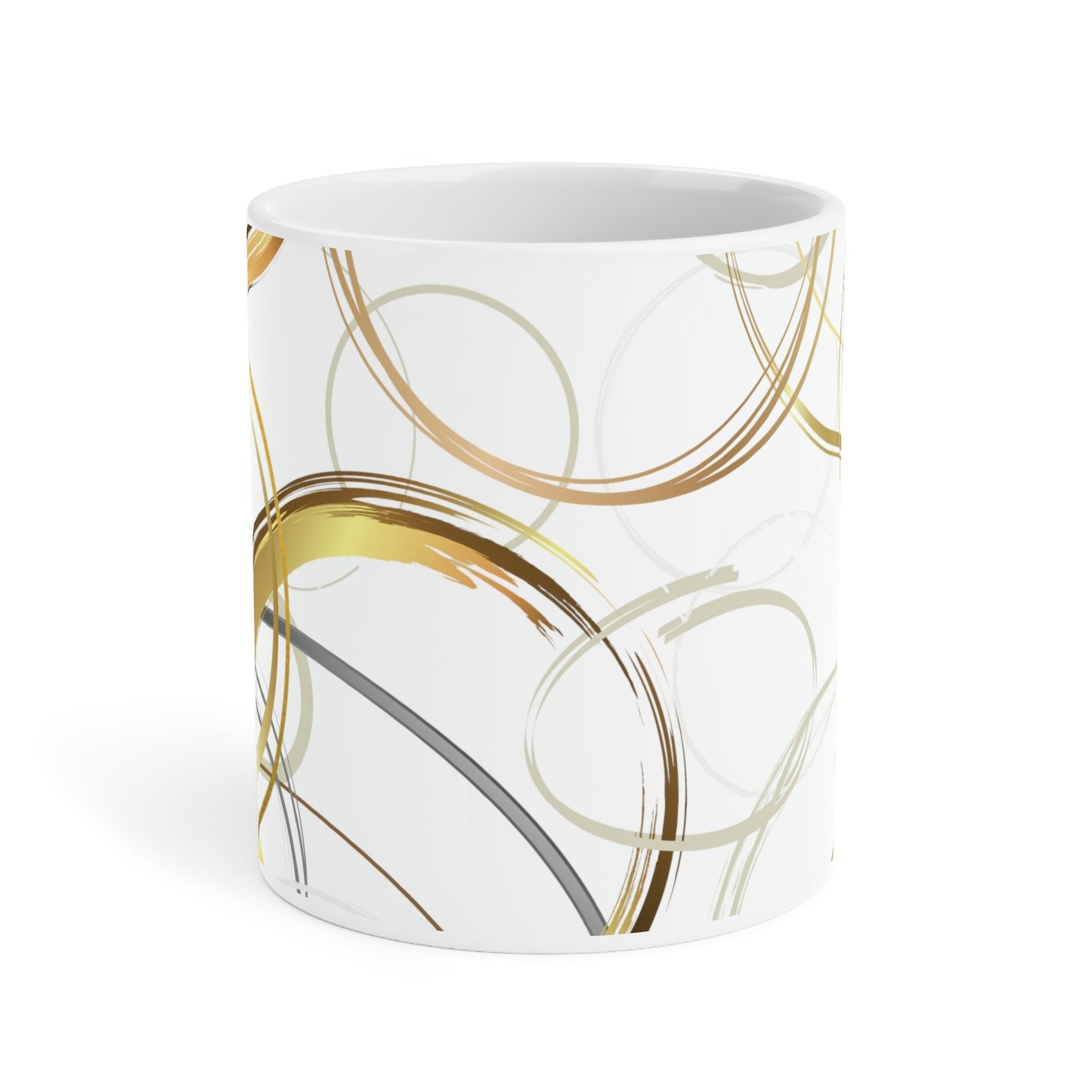 Ceramic Mugs (11oz15oz20oz) featuring my original digital abstract design of various circles in shades of brown and gold