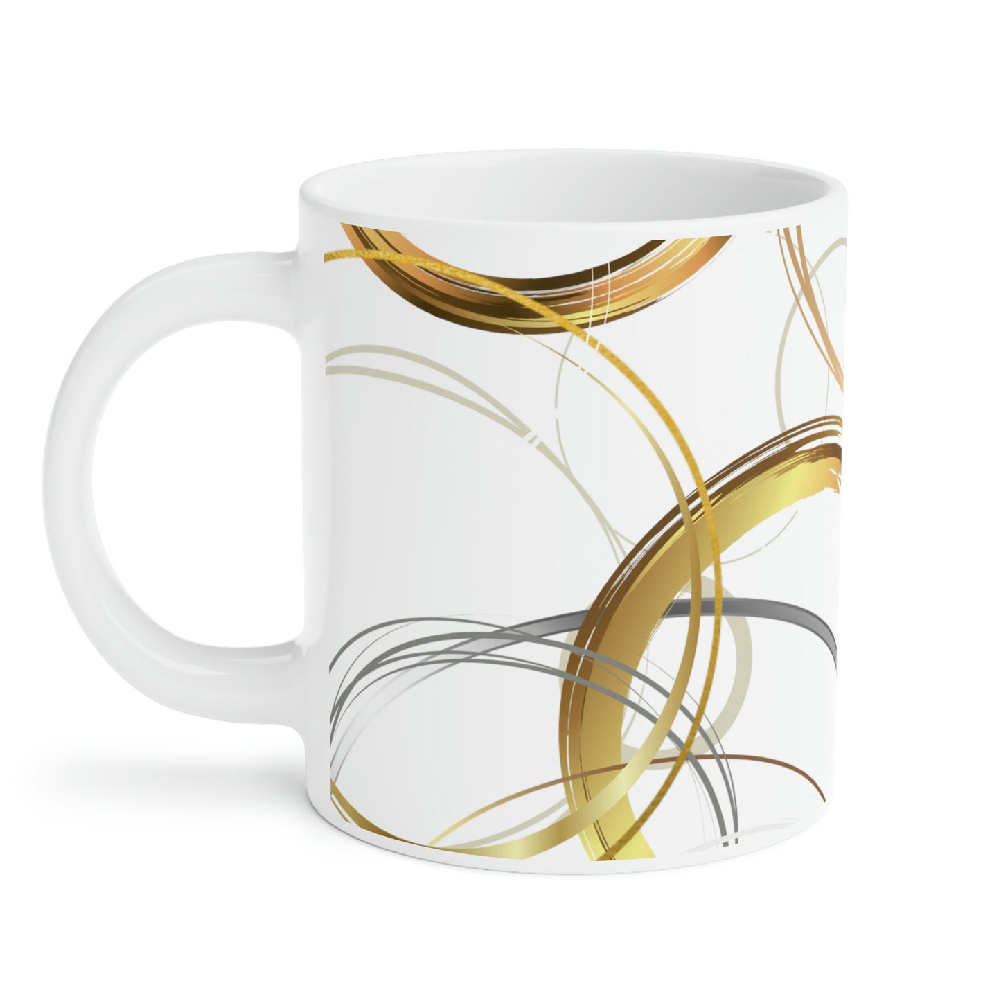 Ceramic Mugs (11oz15oz20oz) featuring my original digital abstract design of various circles in shades of brown and gold