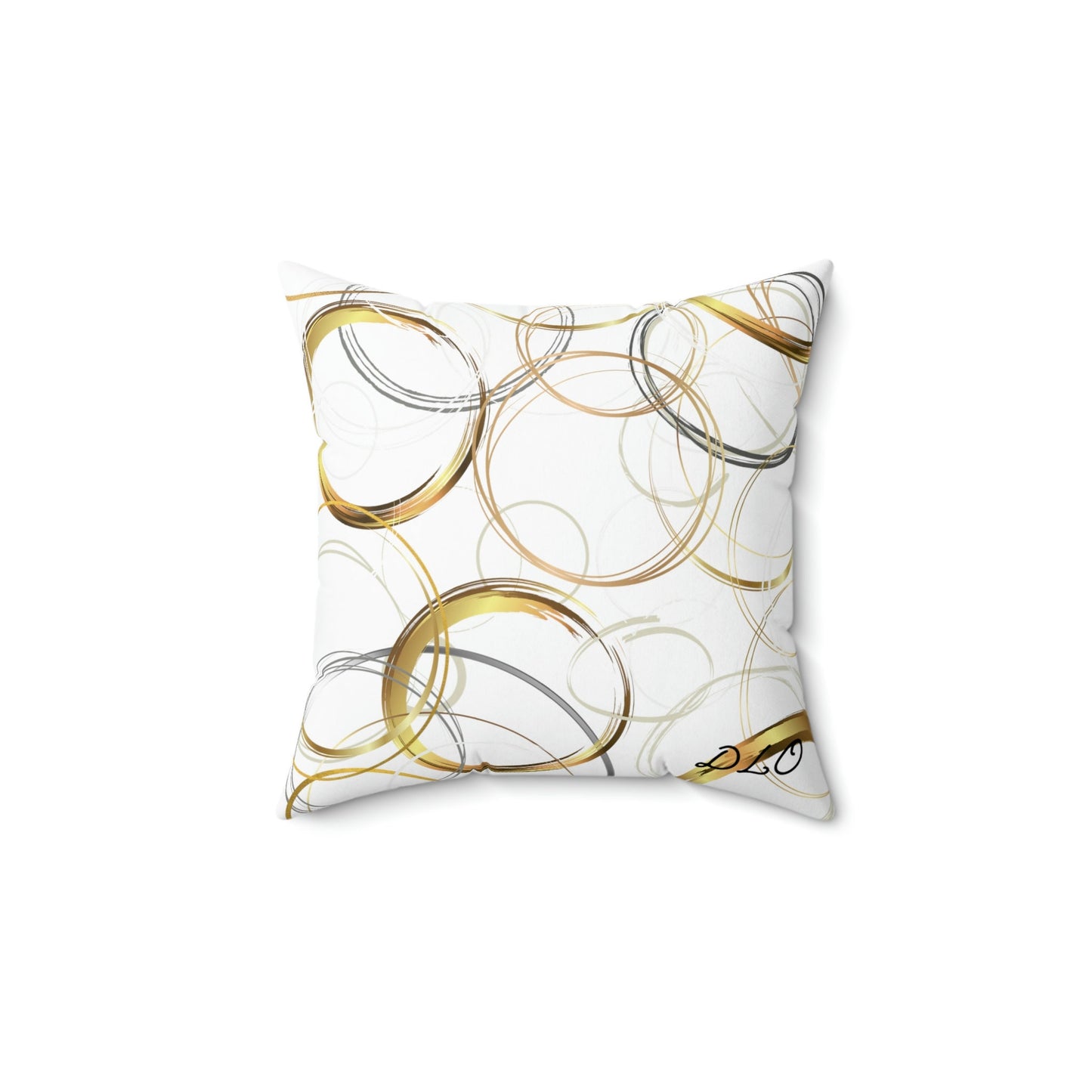 Spun Polyester Pillow with original digital artwork of abstrct circles in golds and browns on whithe background, four sizes available