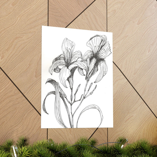 Premium Matte Vertical Posters with My Original Ink Drawing of Iris, Available in 7 Sizes, Ink Drawing, Botanical Art, Floral Drawing