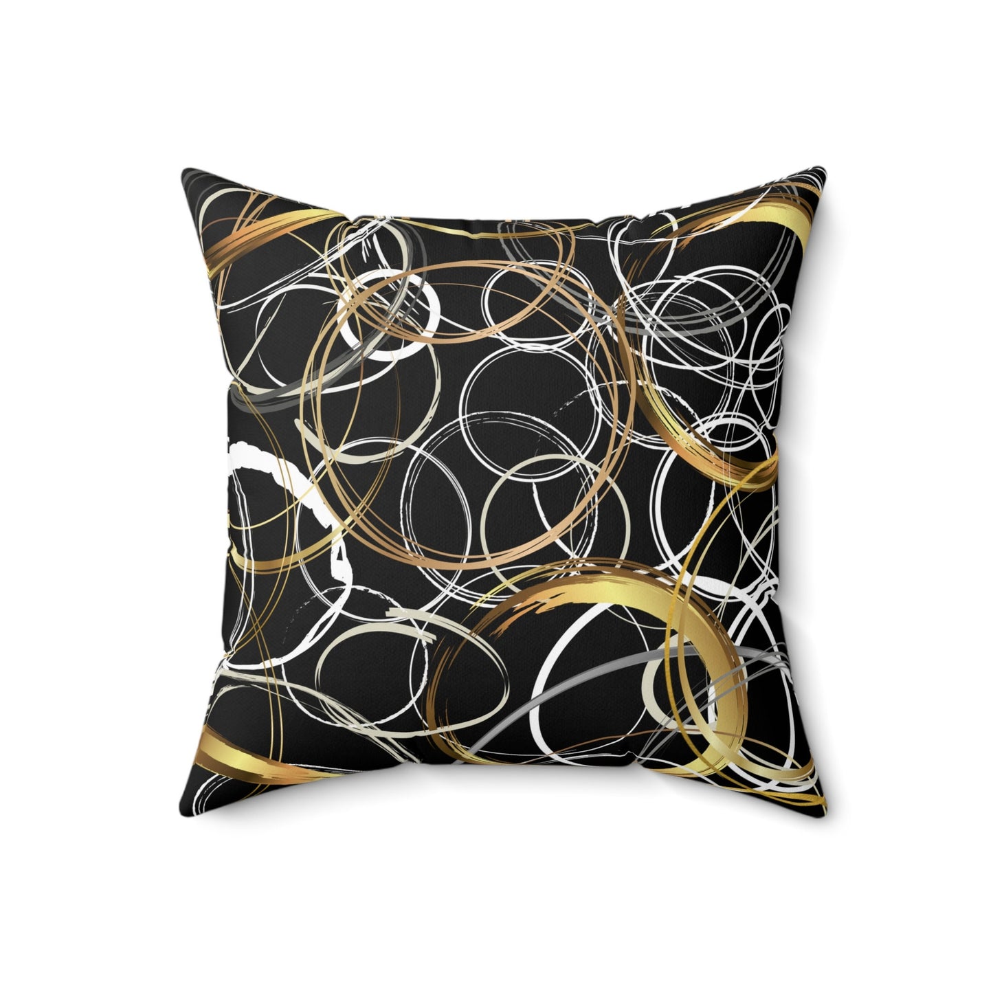 Spun Polyester Square Pillow Abstract Circles on Black Background, Random Circles in Golds,Whites and Grays