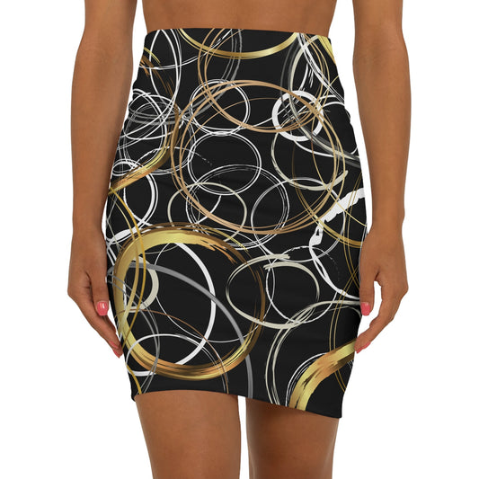 Women's Mini Skirt Original Geometric Art with Rings Over Black, Browns, Whites, Golds, Party, Bold, Conversational, Attention Grabbing, New