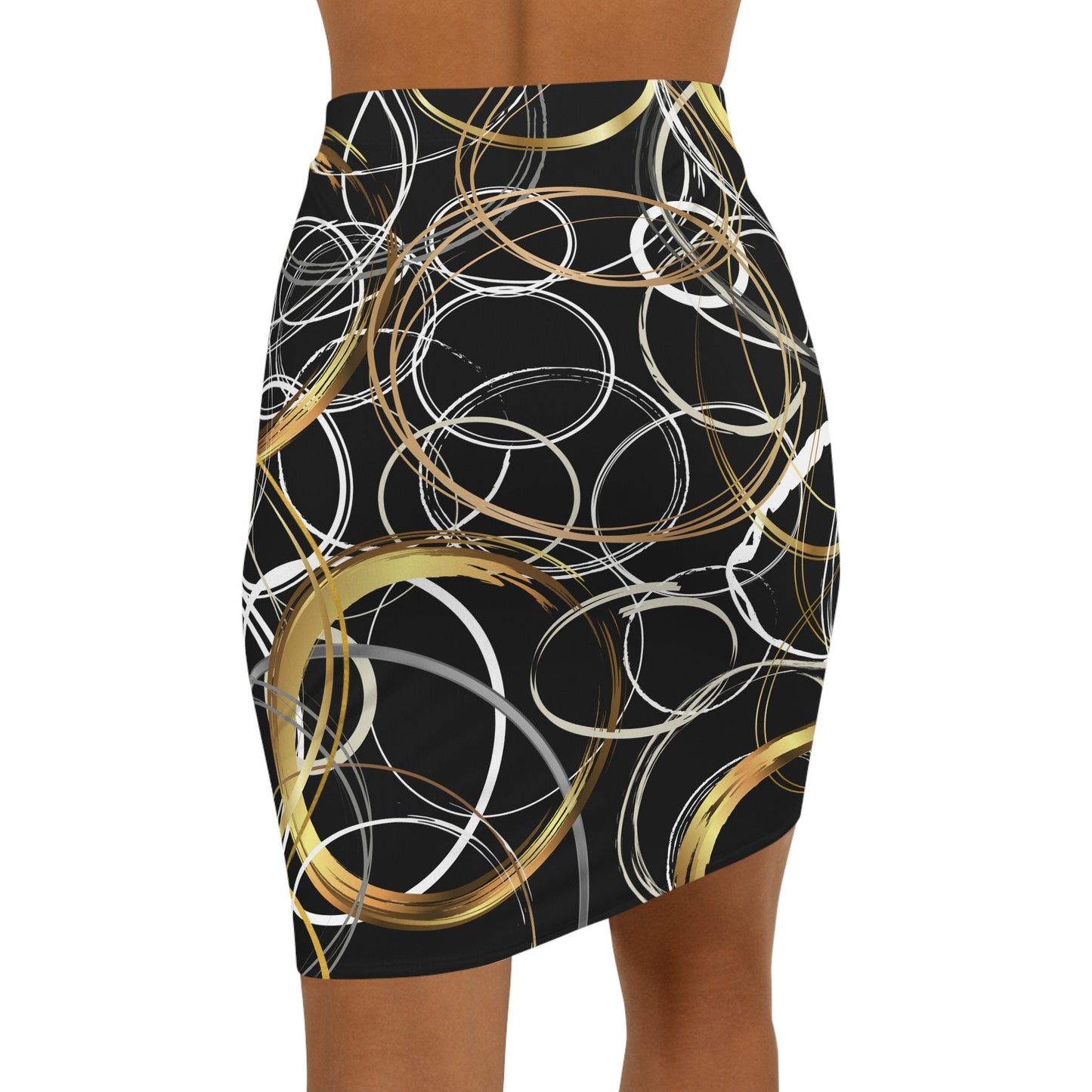 Women's Mini Skirt Original Geometric Art with Rings Over Black, Browns, Whites, Golds, Party, Bold, Conversational, Attention Grabbing, New