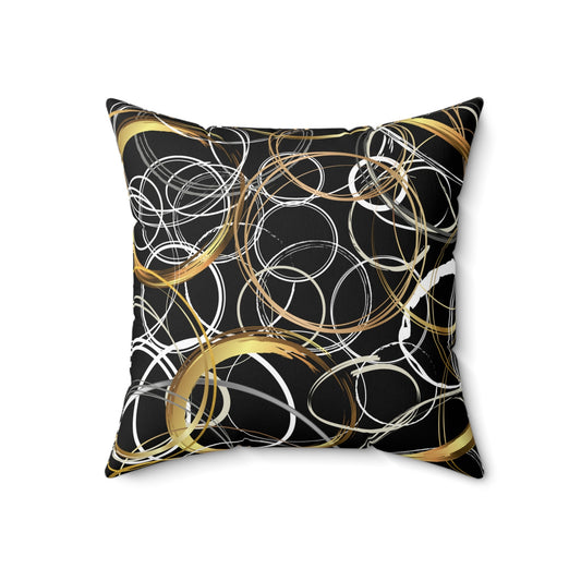 Spun Polyester Square Pillow Abstract Circles on Black Background, Random Circles in Golds,Whites and Grays