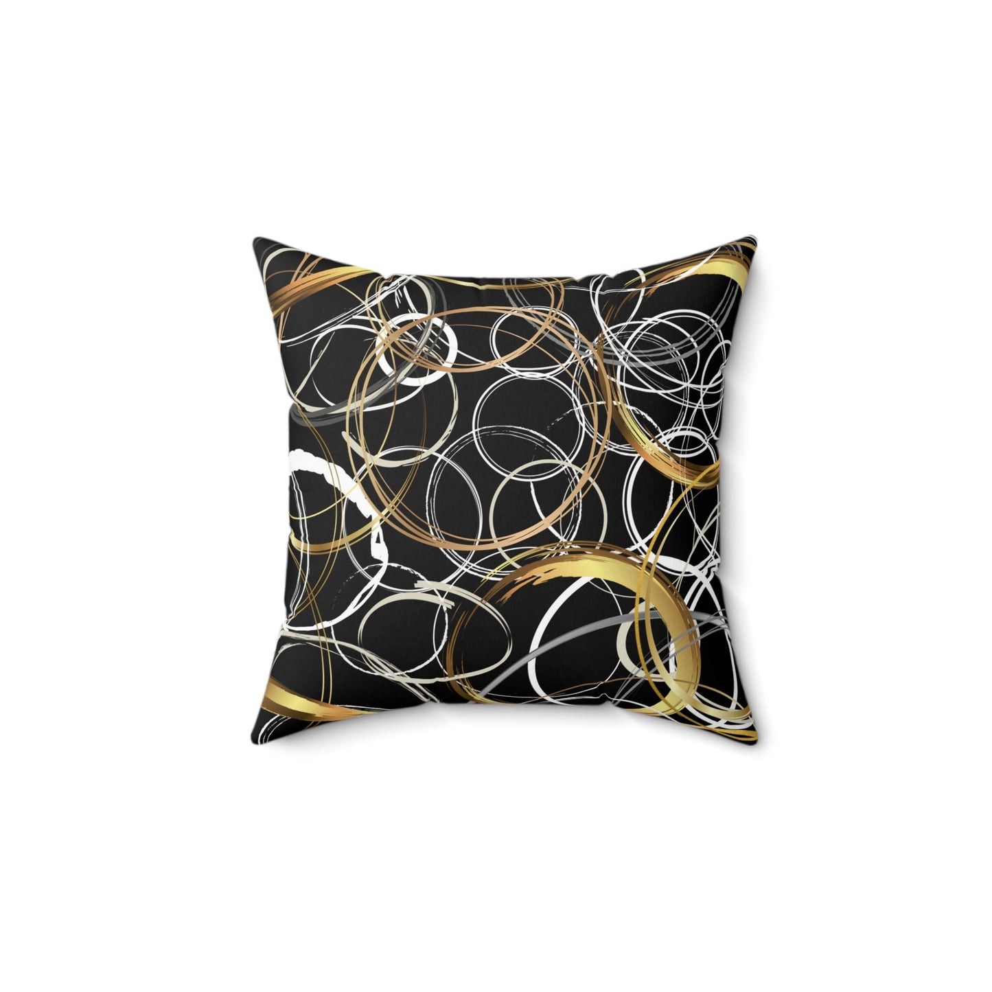 Spun Polyester Square Pillow Abstract Circles on Black Background, Random Circles in Golds,Whites and Grays