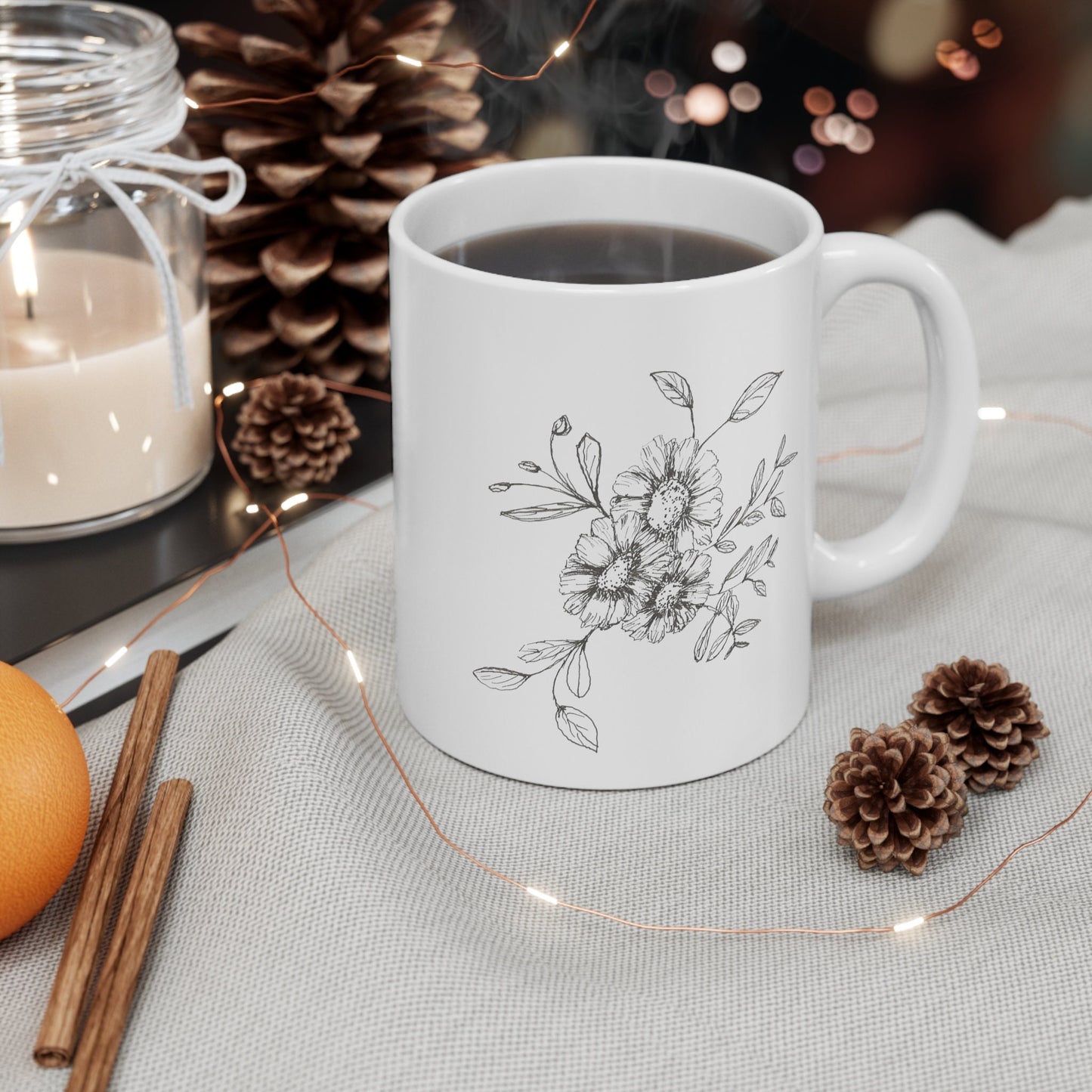 Pretty Simple Floral Mug 11oz, Hand drawing,Original Art Minimalist line drawing