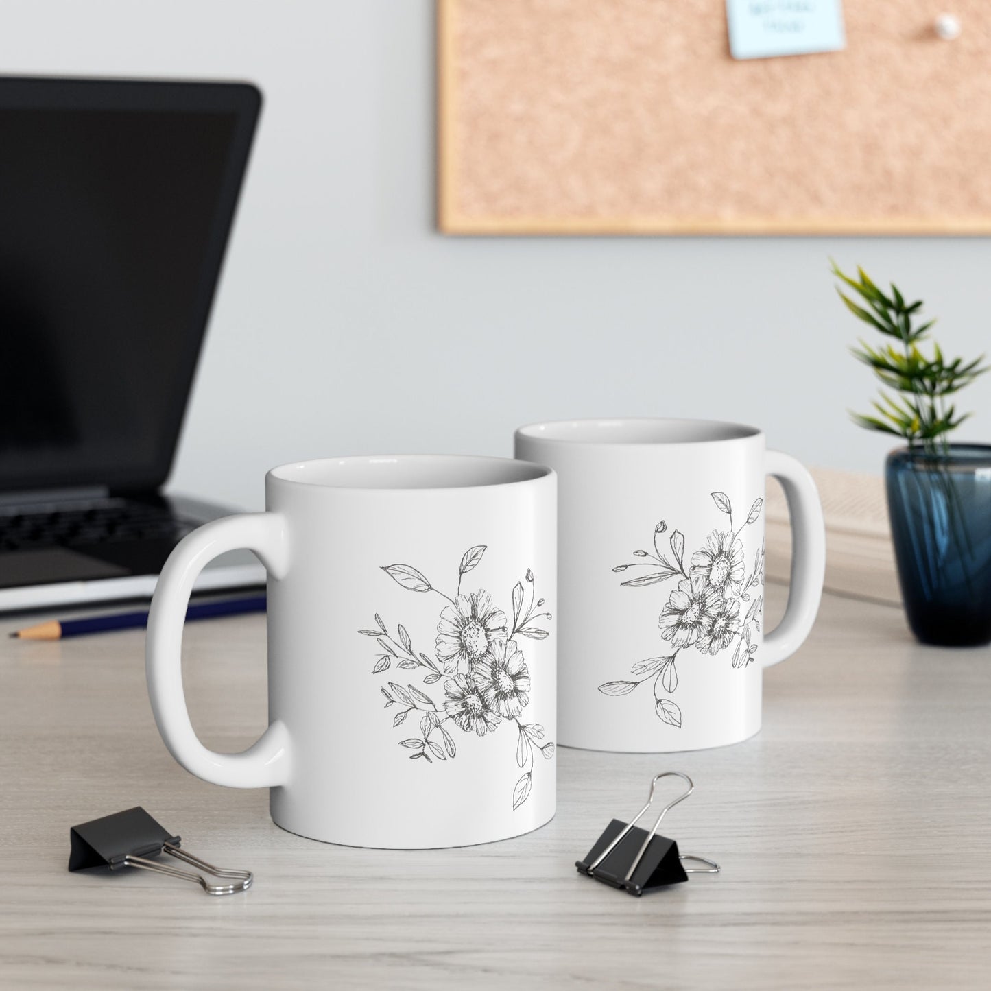 Pretty Simple Floral Mug 11oz, Hand drawing,Original Art Minimalist line drawing