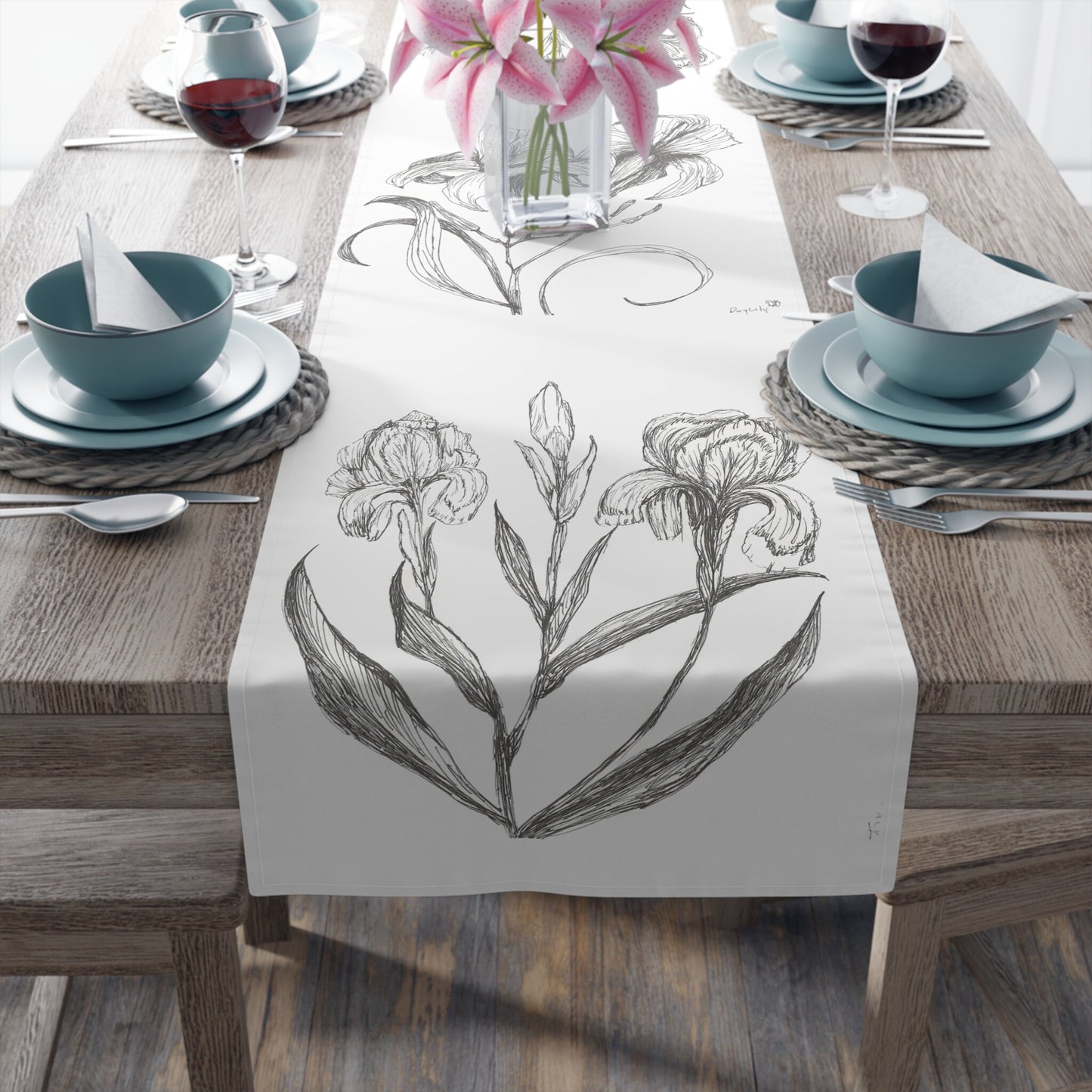 Table Runner (Cotton or Poly) Features Print of Original Fine Art Ink Drawing of Iris Flowers, 2 sizes. Botanical, Garden Home, Floral Decor