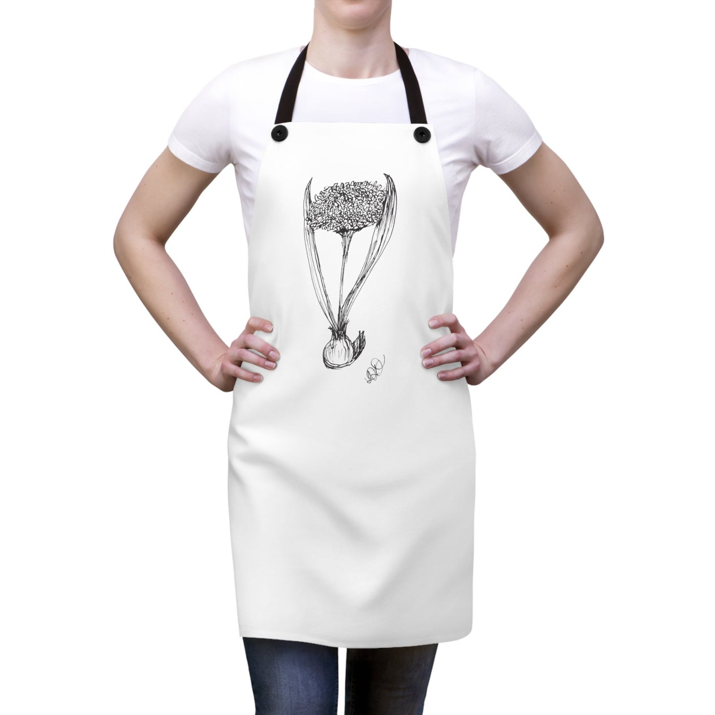 Apron with Print of Original Ink Drawing of Garlic Plant with Bulb