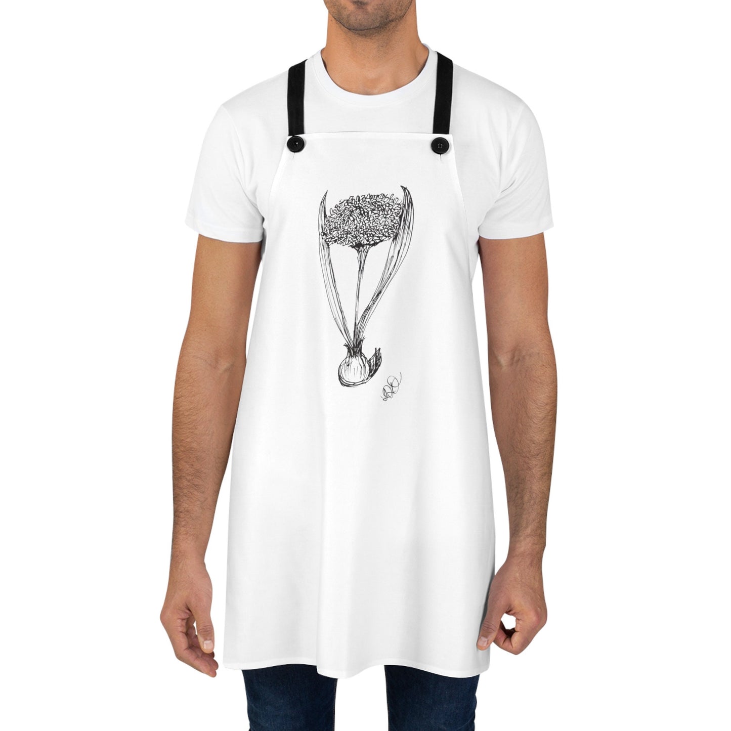 Apron with Print of Original Ink Drawing of Garlic Plant with Bulb