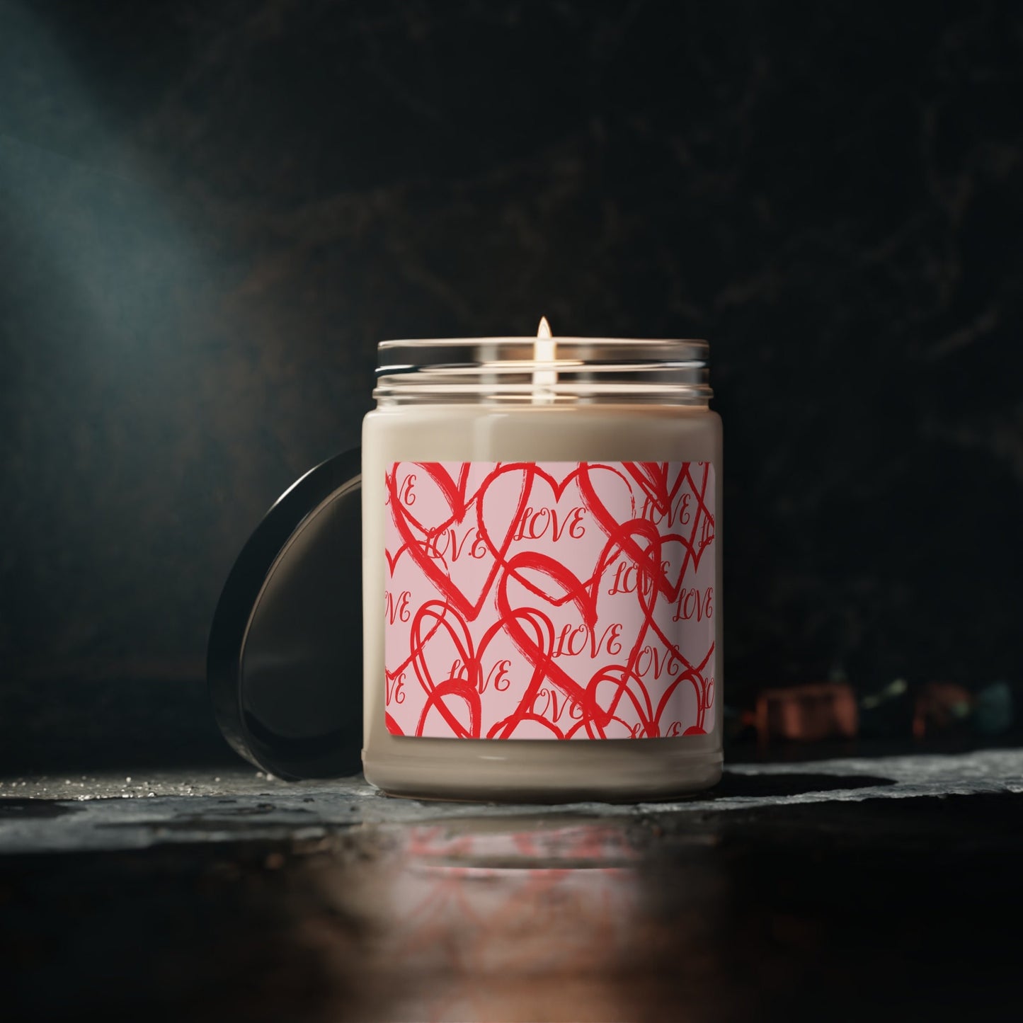 5 Unique Scents Soy Jar Candle, 9oz Valentine's Day with Different Hearrts and Love Written in Red over Pink Background Label