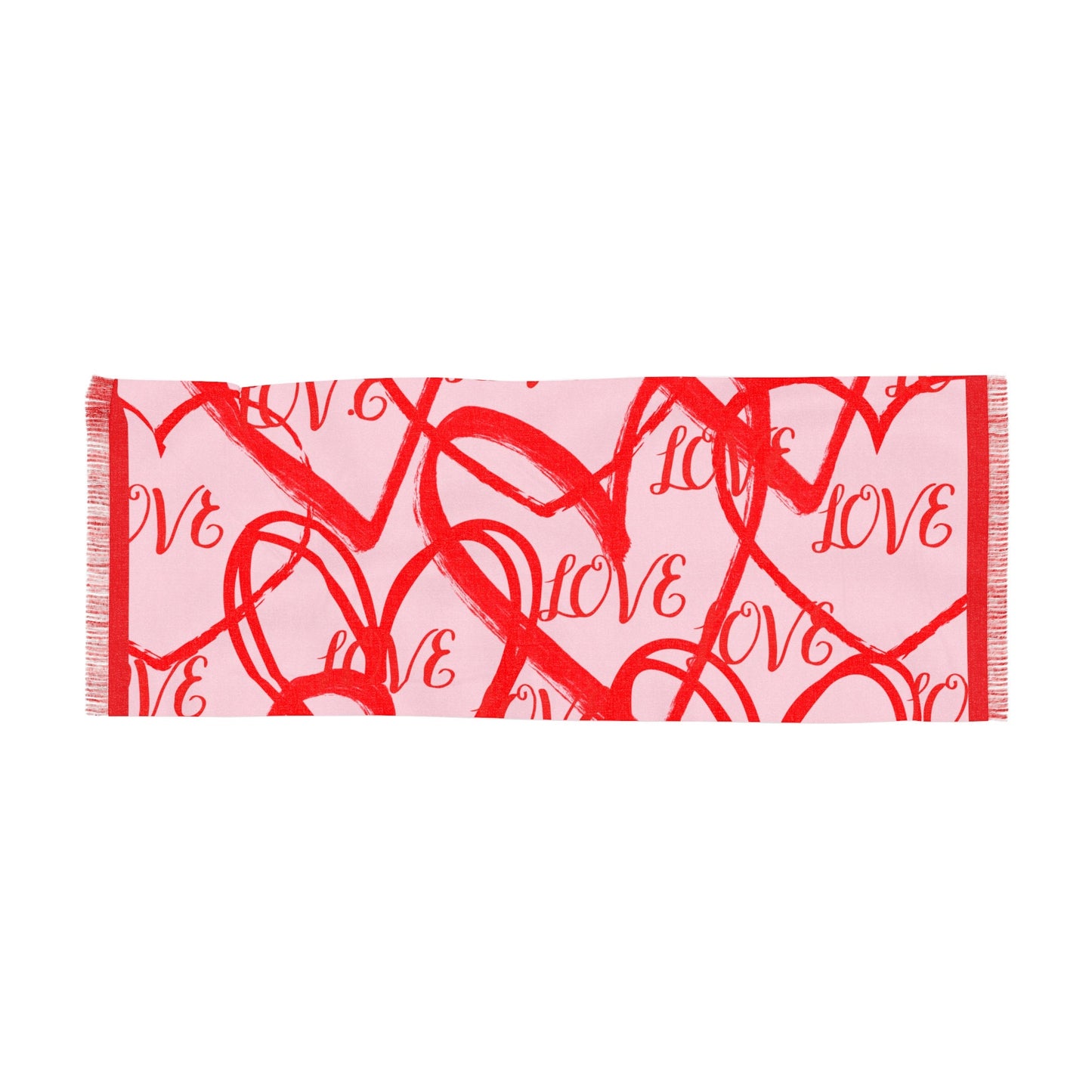 Light Valentine's Day Scarf with Different Red Hearts and the Word Love Repeated over Pink