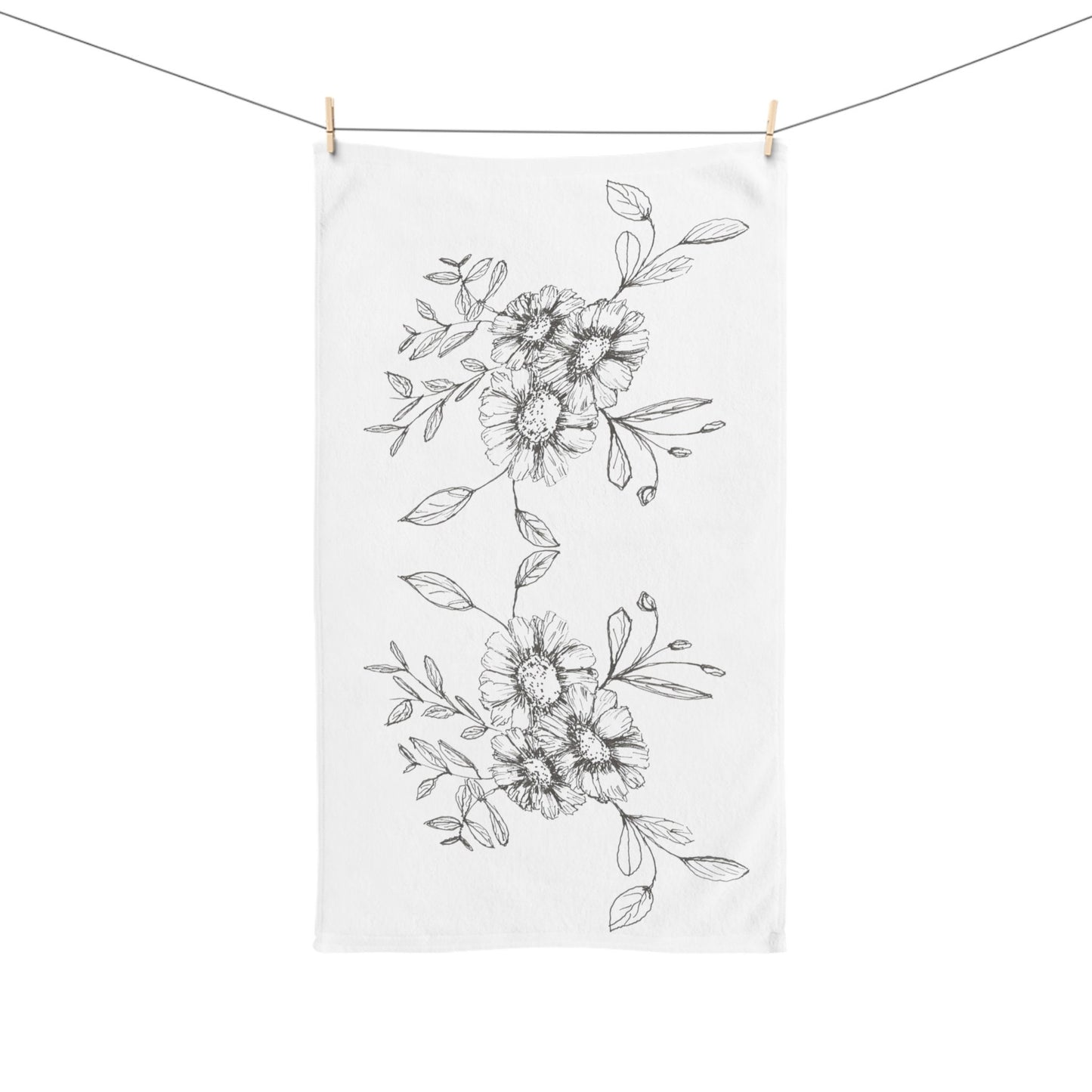 Hand Towel Printed with Original Hand Drawn Ink Flowers