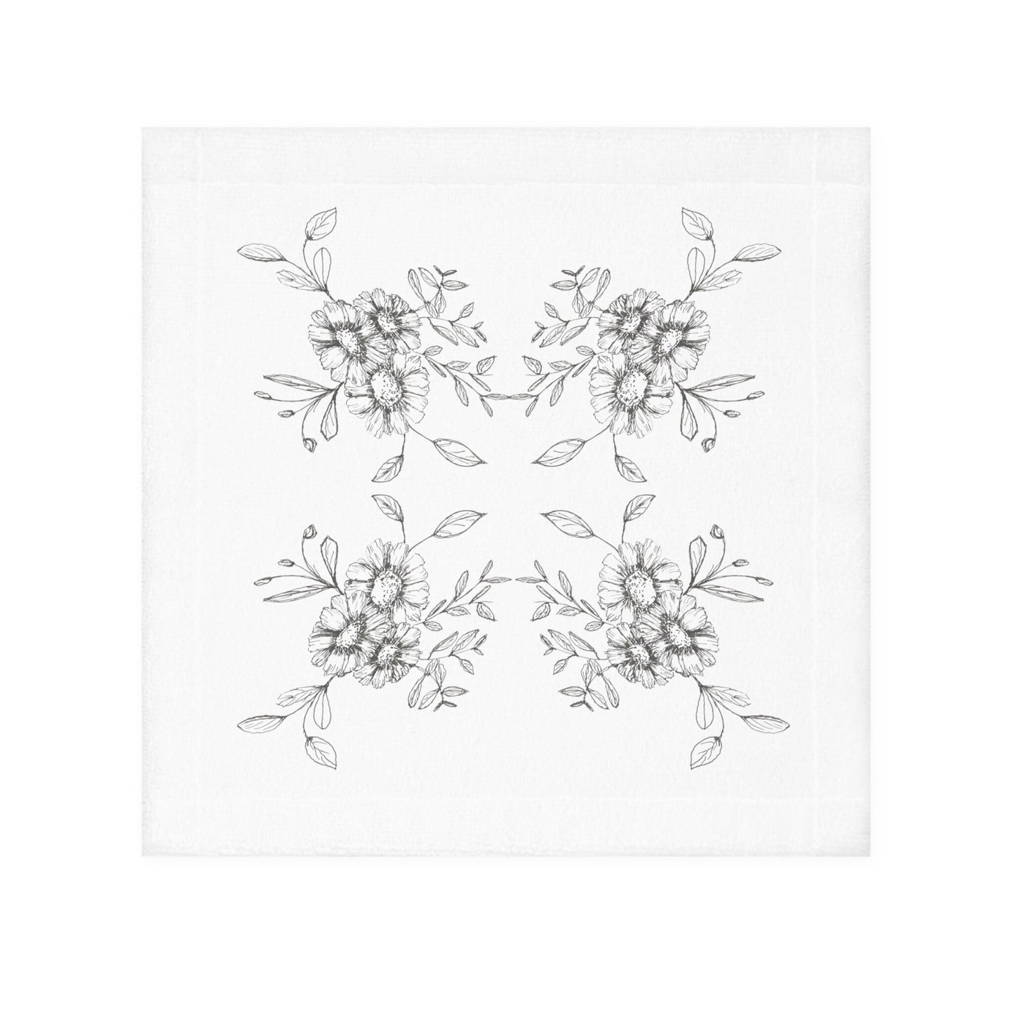 Face Towel Printed with Original Hand Ink Drawing of Simple Flowers Gray on White Minimalist Design