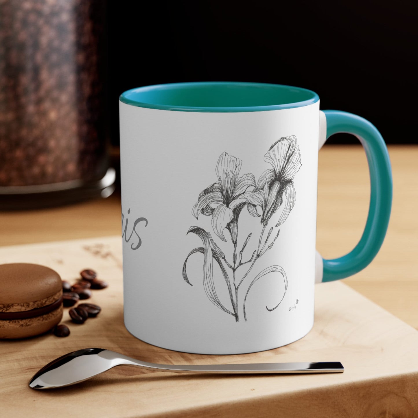 Copy of 11oz Accent Mug with Print of My Original Ink Drawing of an Iris Flower