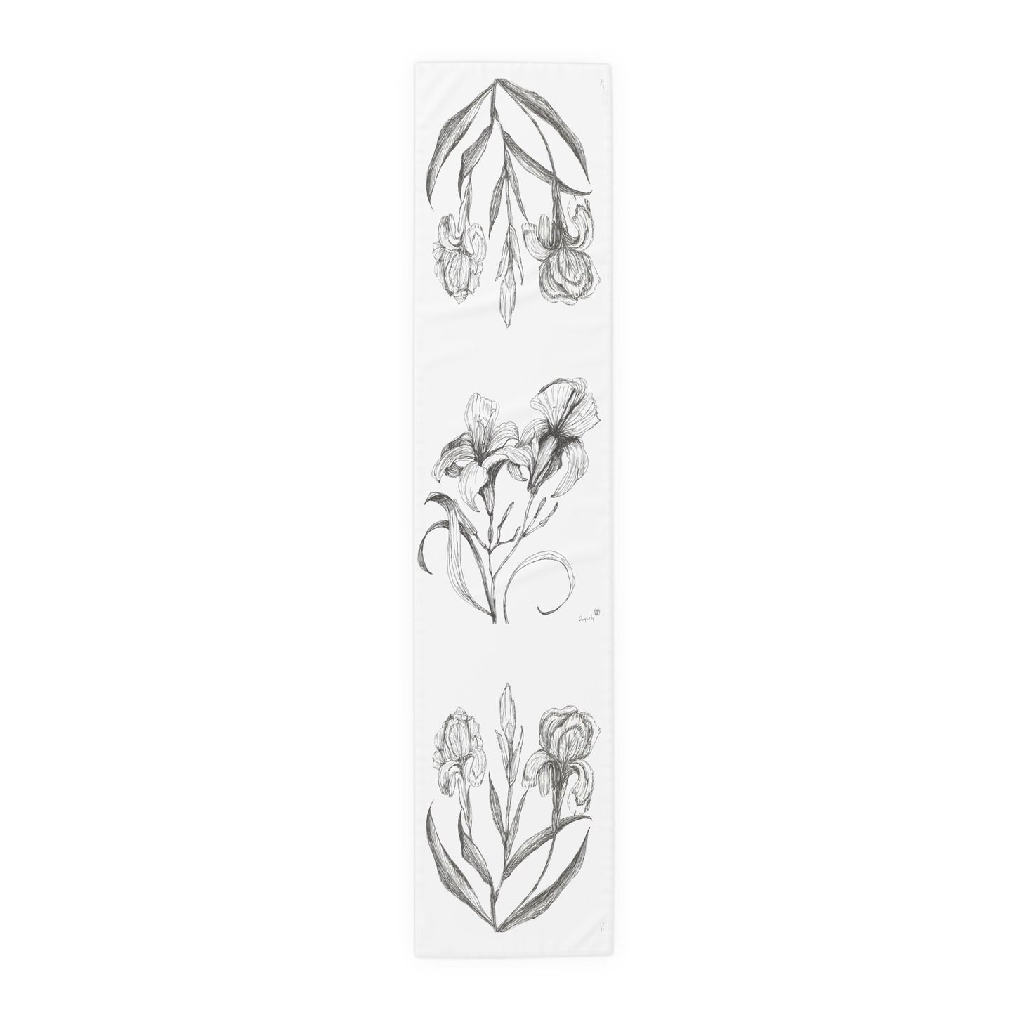 Table Runner (Cotton or Poly) Features Print of Original Fine Art Ink Drawing of Iris Flowers, 2 sizes. Botanical, Garden Home, Floral Decor