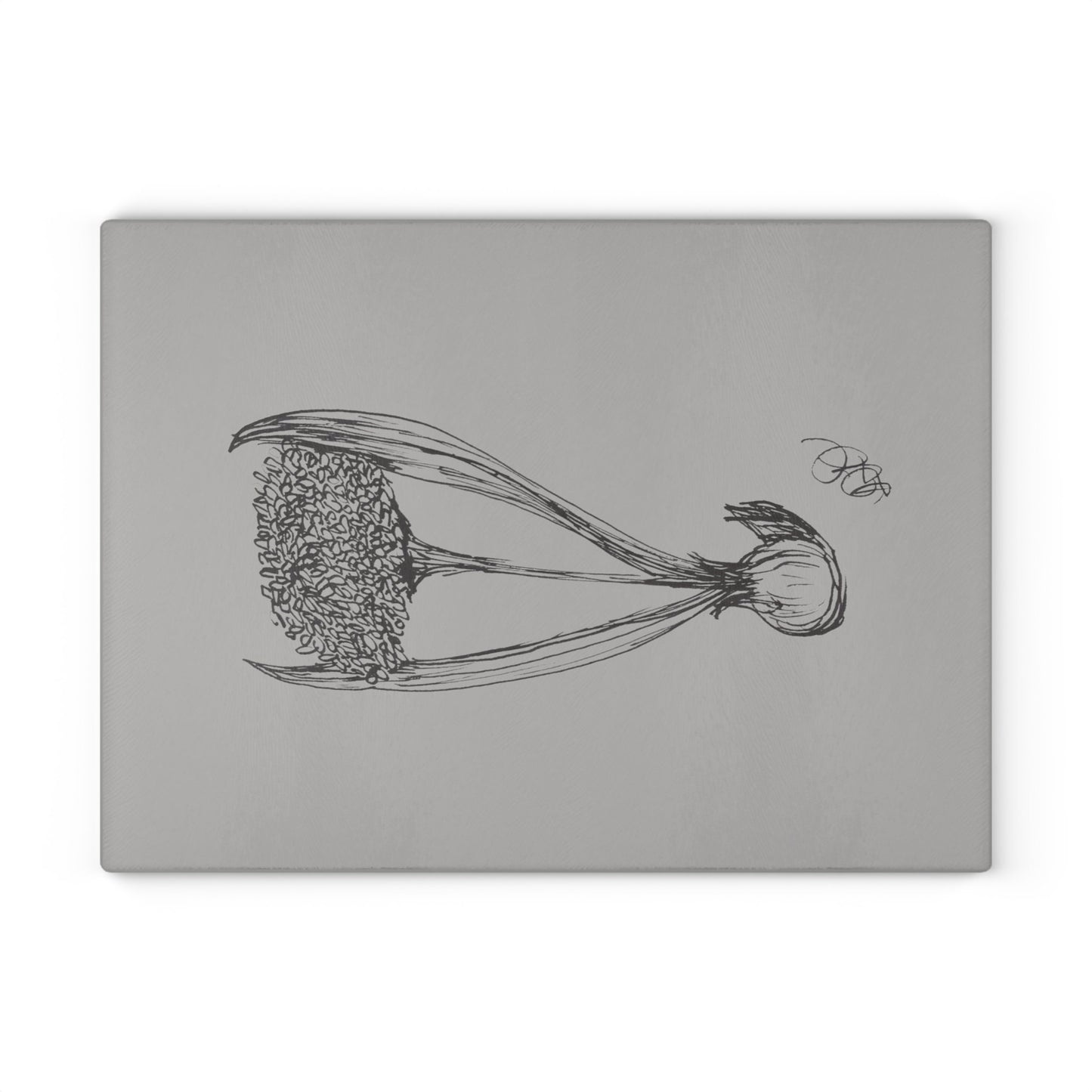 Glass Cutting Board with Hand Drawing of Flowering Garlic Bulb, Minimalist Line Drawing,Black Ink on Bristol in Calligraphy Pen,Original Art