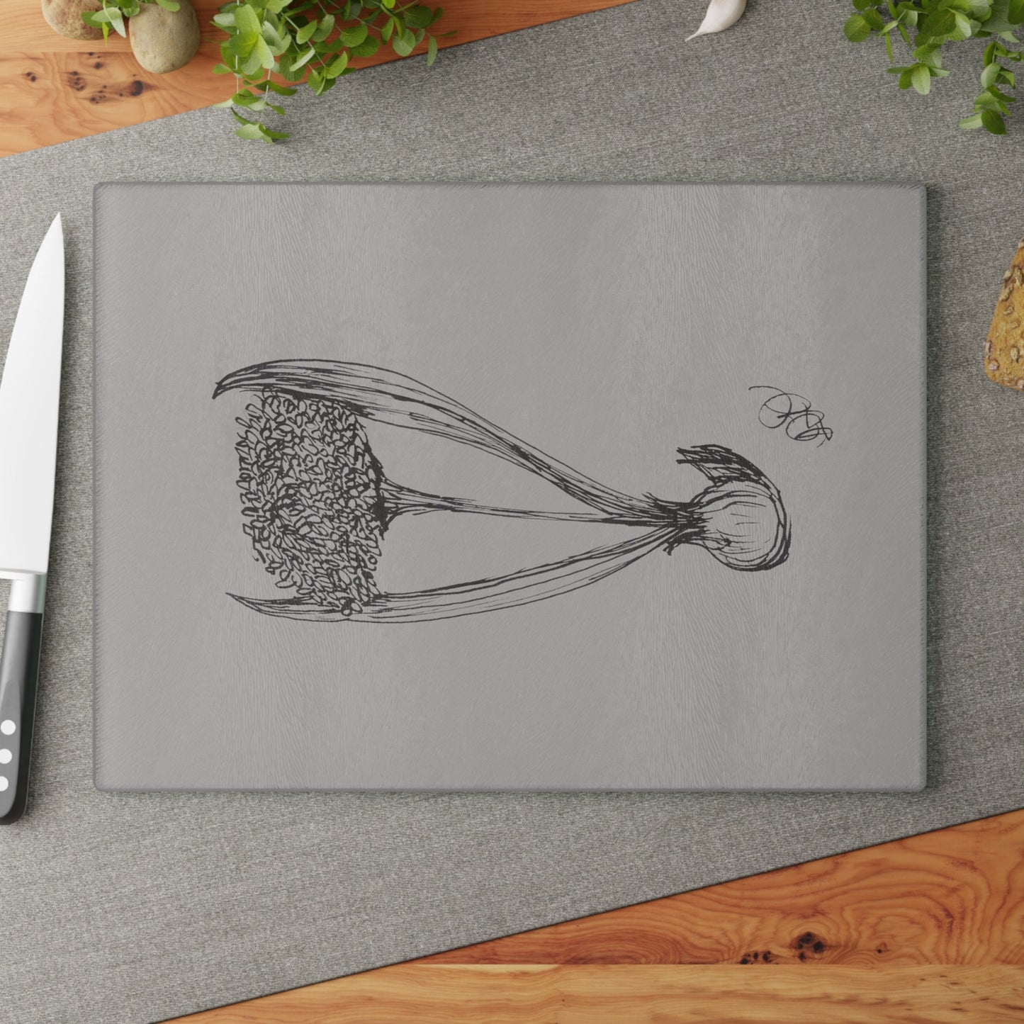 Glass Cutting Board with Hand Drawing of Flowering Garlic Bulb, Minimalist Line Drawing,Black Ink on Bristol in Calligraphy Pen,Original Art