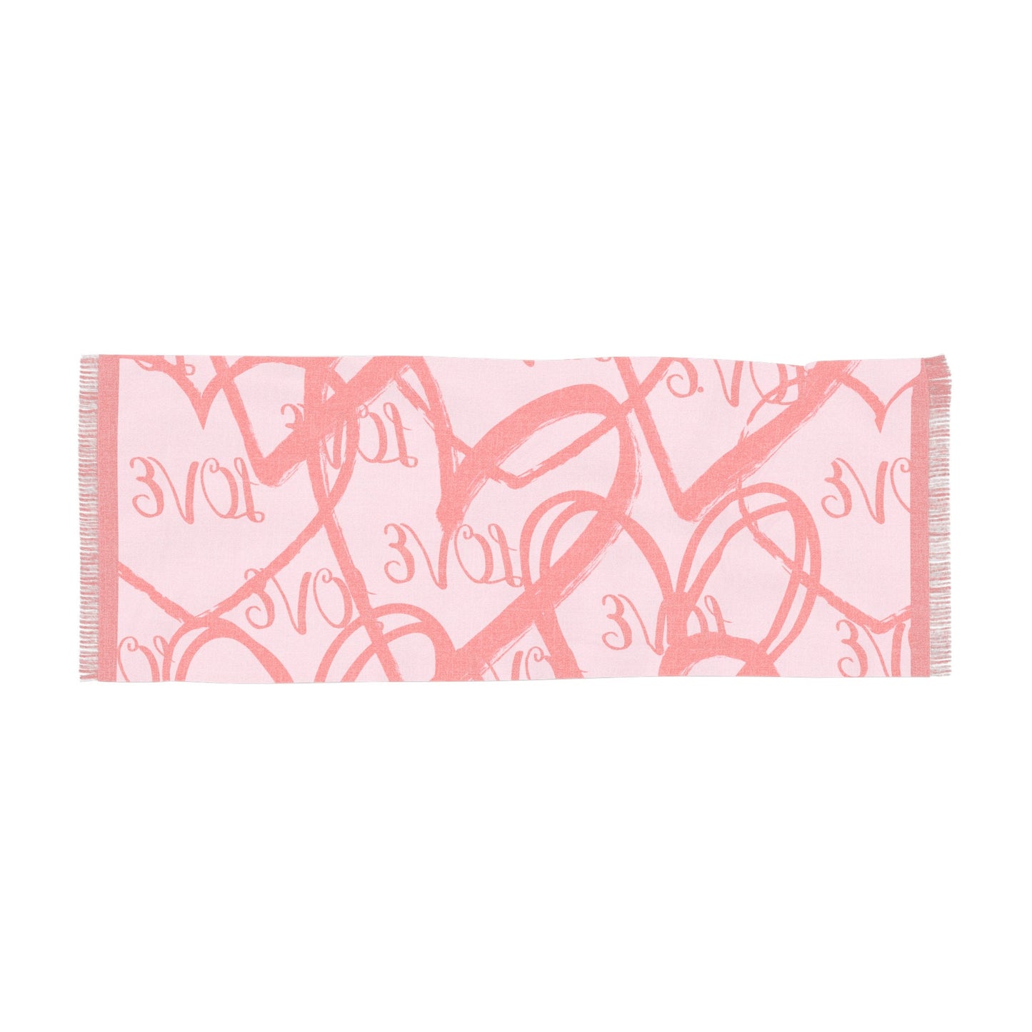 Light Valentine's Day Scarf with Different Red Hearts and the Word Love Repeated over Pink