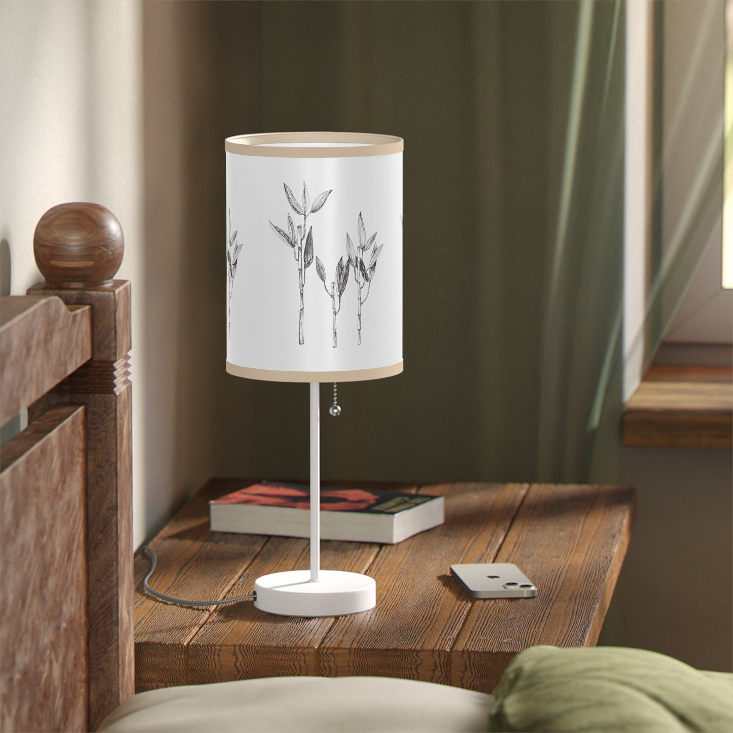 Lamp on a Stand, US|CA plug with Print Original Bamboo Botanical Art Ink Drawing, 6 Trim Colors, 2 Trim Fininshes, Lucky, Asian Style