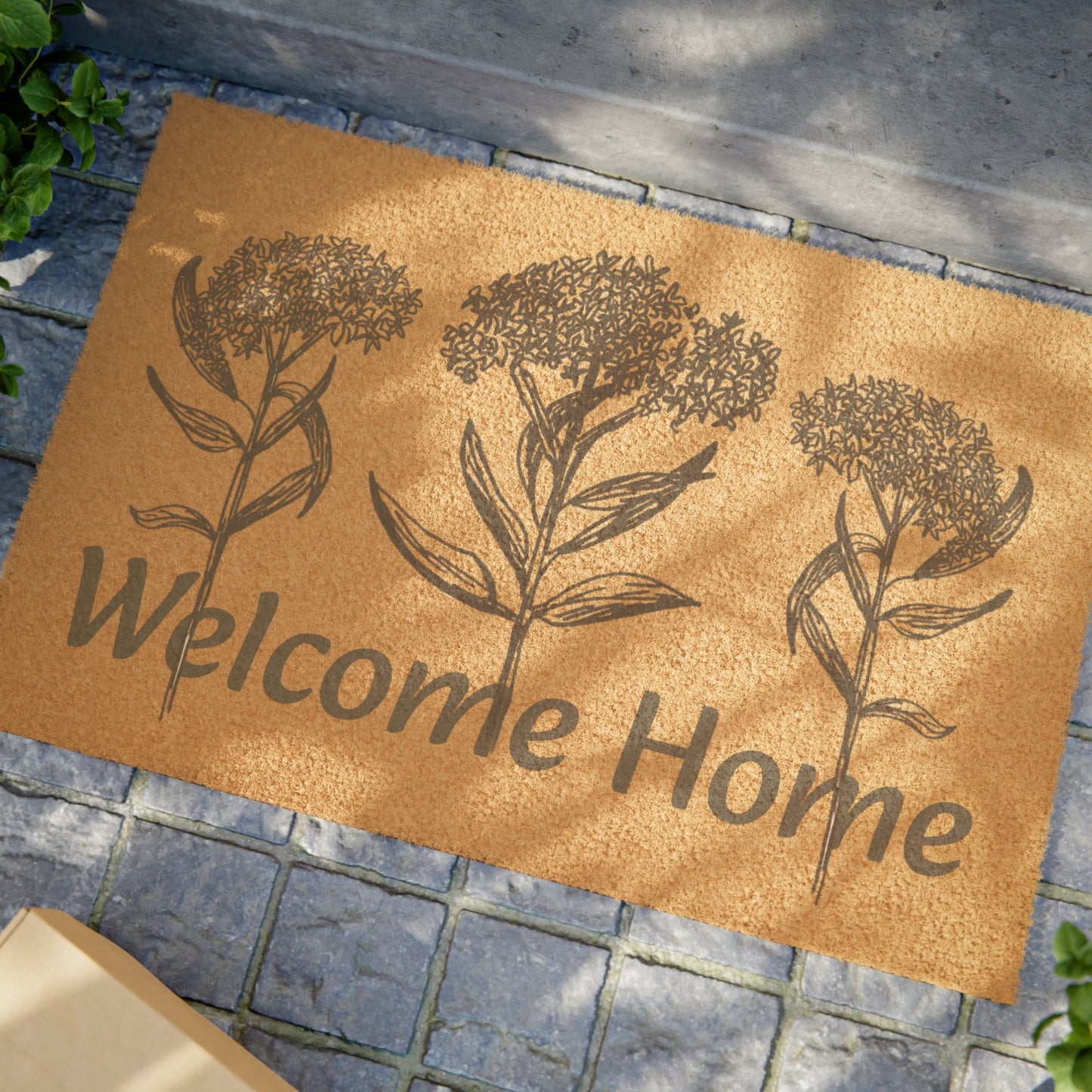 Doormat with Original Hand Drawn Milkweeds Printed, "Welcome Home"