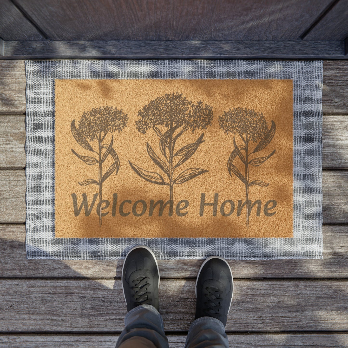 Doormat with Original Hand Drawn Milkweeds Printed, "Welcome Home"