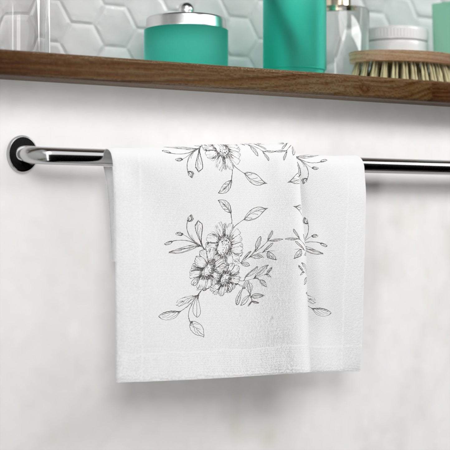 Face Towel Printed with Original Hand Ink Drawing of Simple Flowers Gray on White Minimalist Design