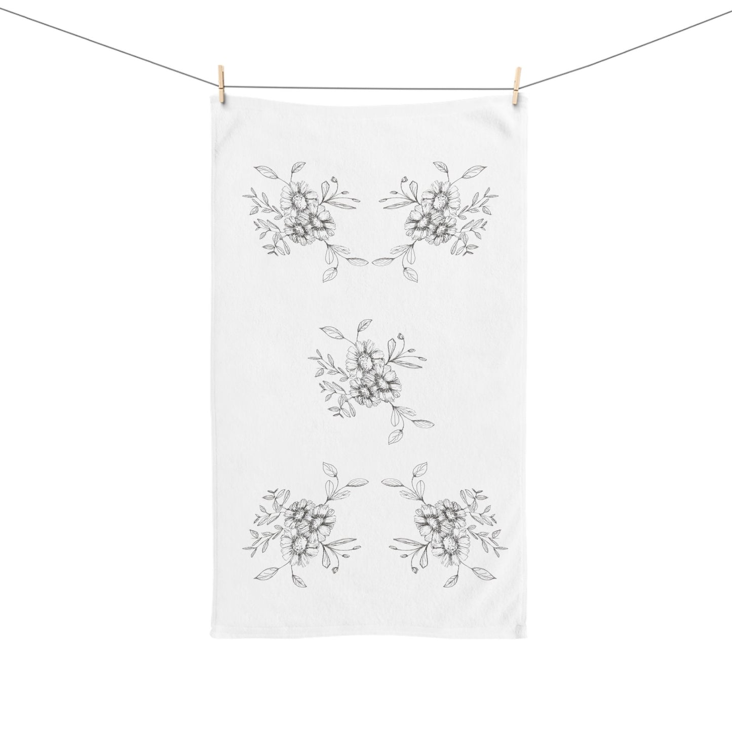 Hand Towel with Print of My Original Hand Drawn Ink Flowers, Pretty Flowers to Accent Any Bathroom with a Minimalist Design