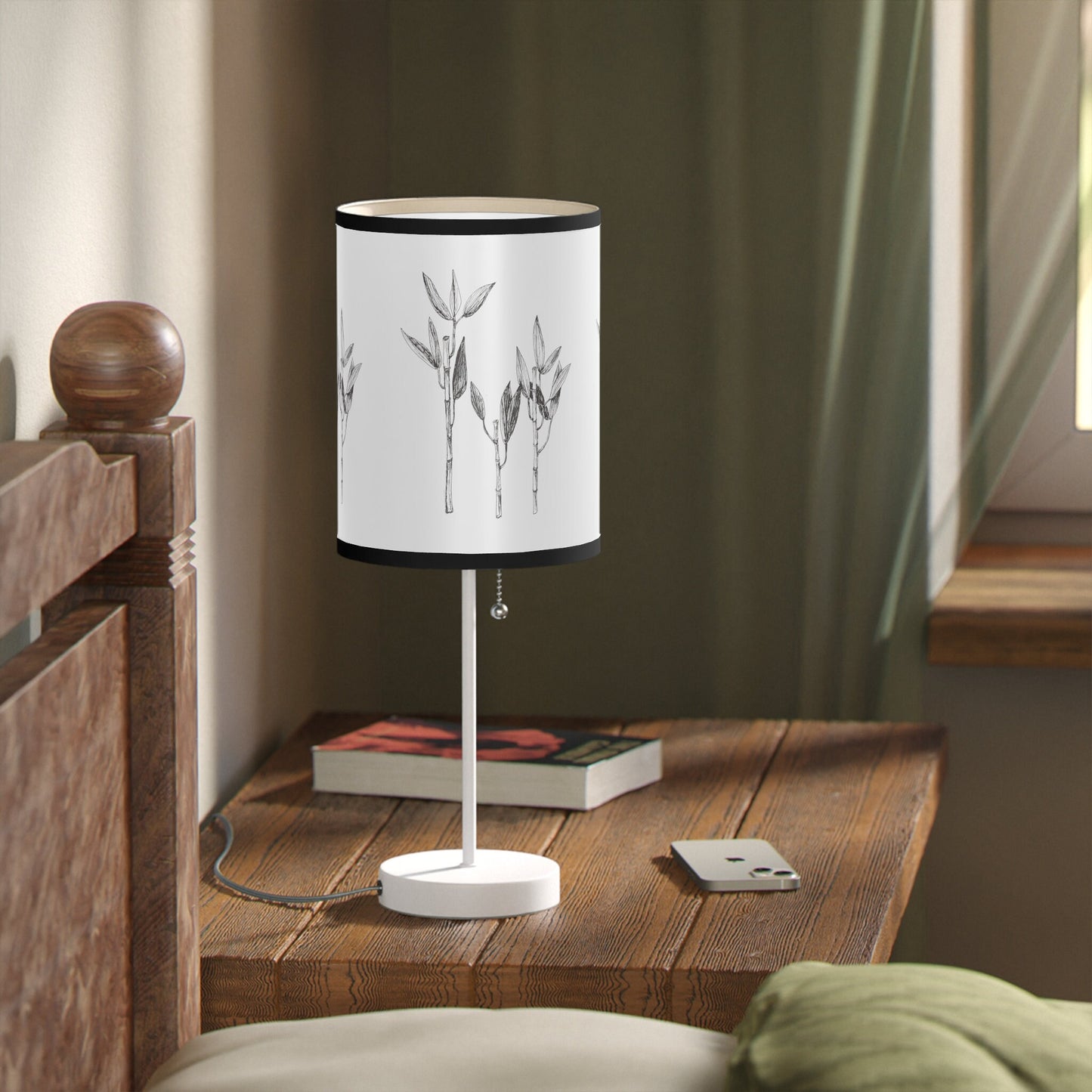 Lamp on a Stand, US|CA plug with Print Original Bamboo Botanical Art Ink Drawing, 6 Trim Colors, 2 Trim Fininshes, Lucky, Asian Style