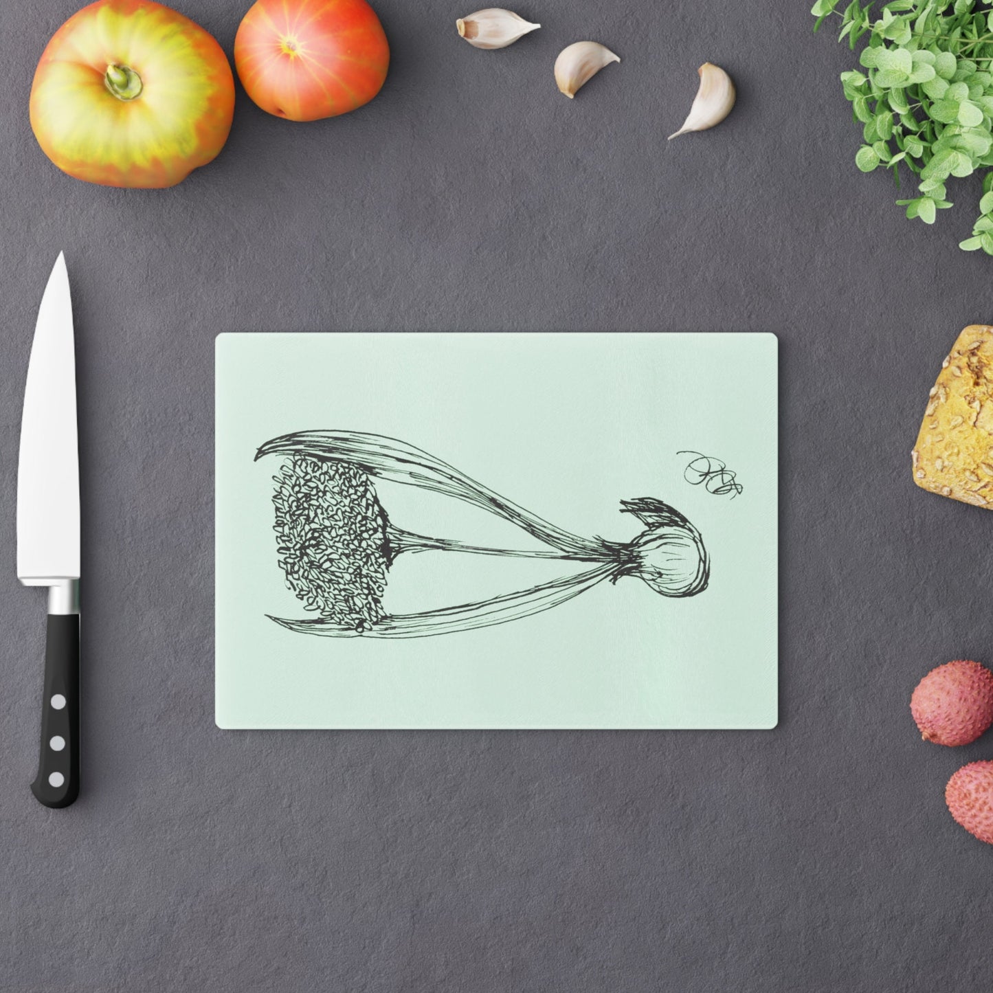 Cutting Board with Print of Original Hand Drawn Garlic Plant Great Kitchen Accent for Garlic Lovers and Gift Item