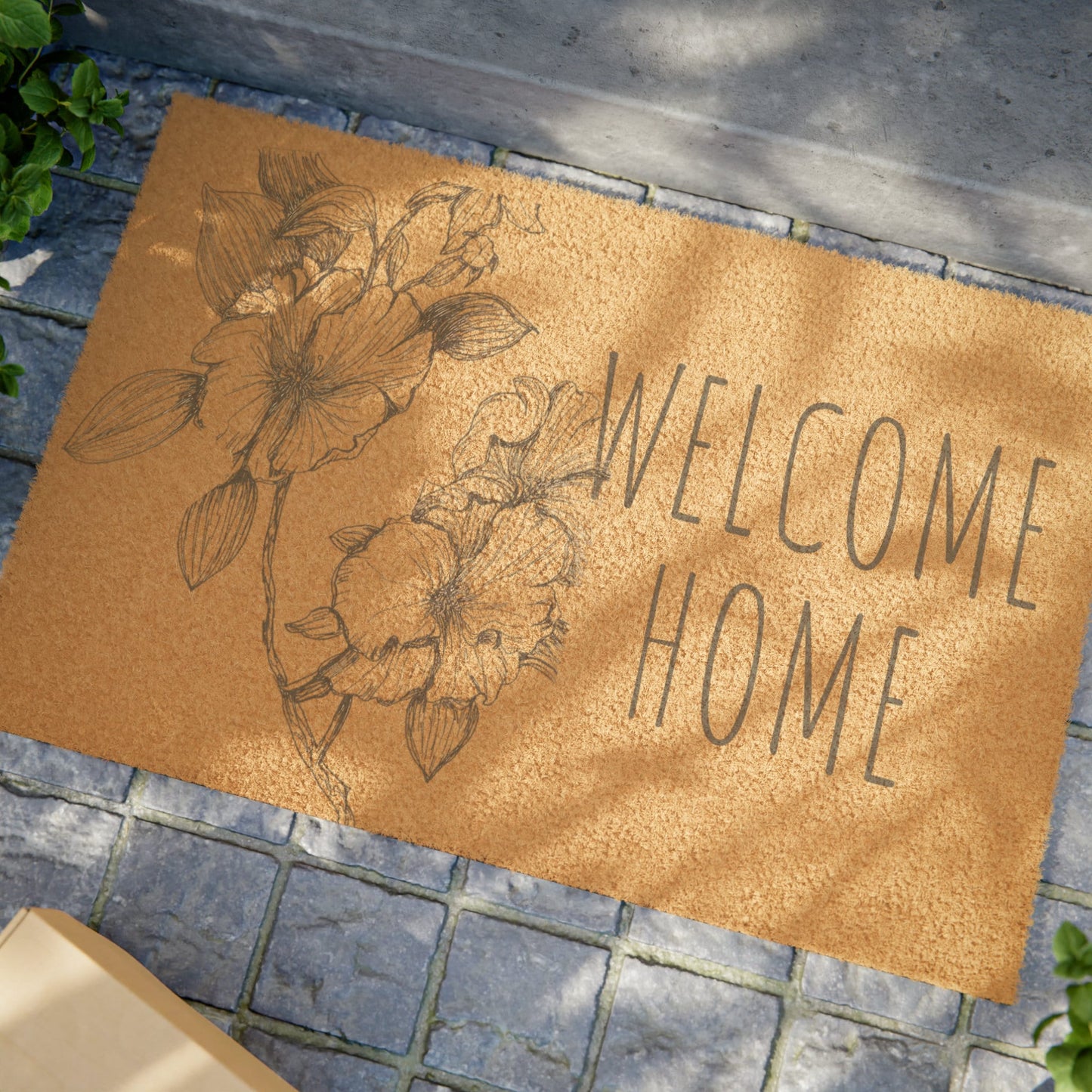 Doormat with Original Hand Drawn Floral Art, Hollyhock