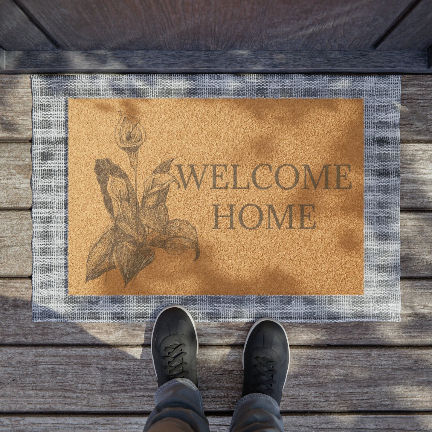 Welcoming Doormat with Original Hand Drawn Floral Art Print, Peace Lily, Outdoor Accent, Floor Mat, FlowerAccent, Mud Room, Flower Art