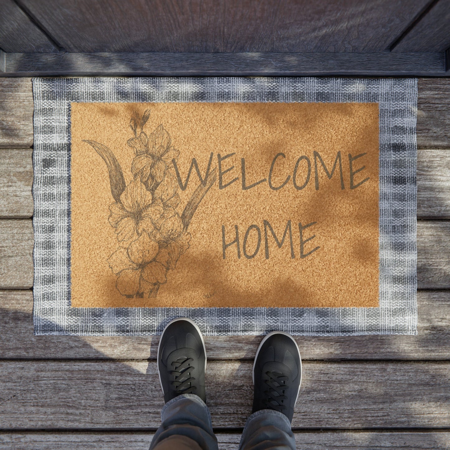 Doormat wth Original Hand Drawn Floral Art, Hollyhock