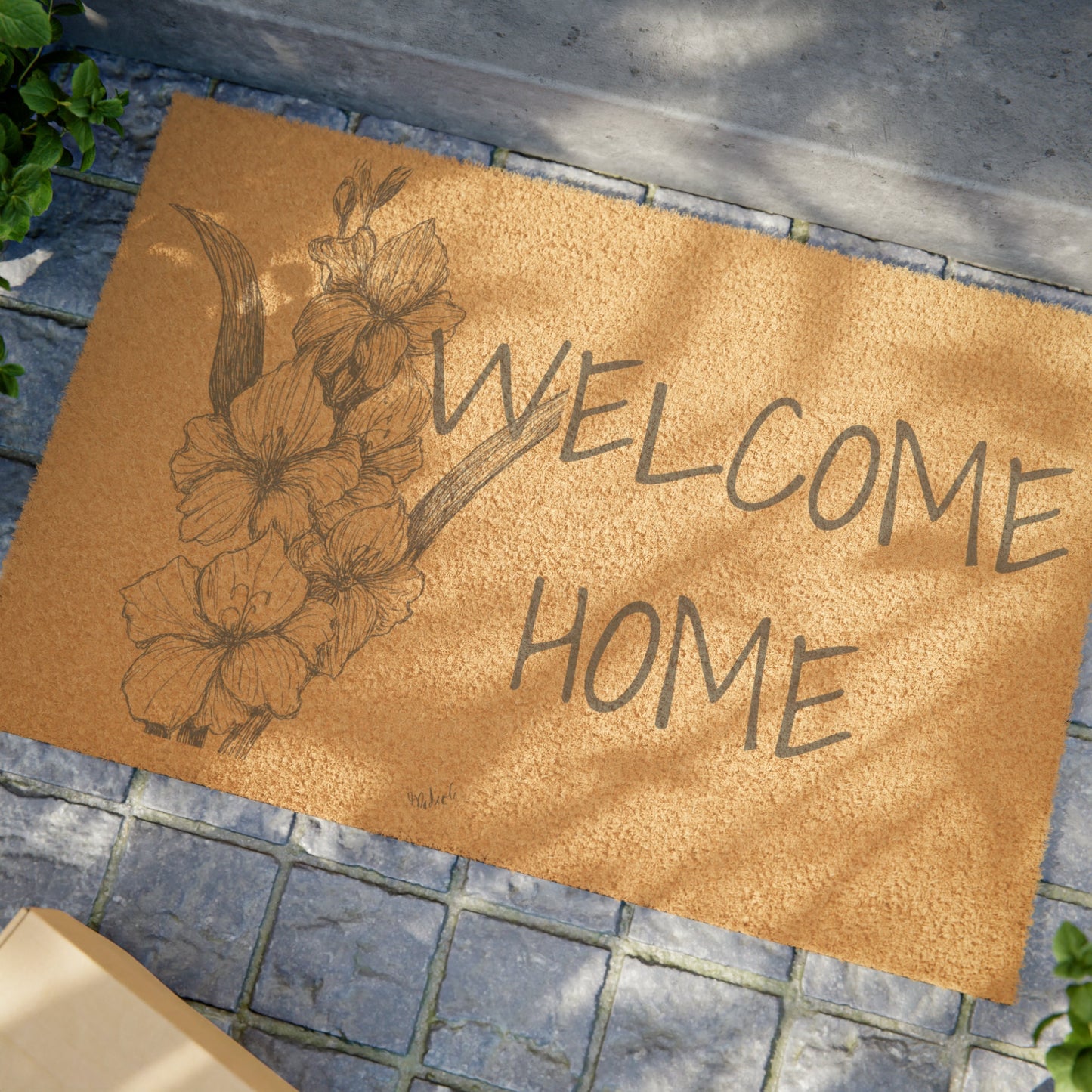 Doormat wth Original Hand Drawn Floral Art, Hollyhock