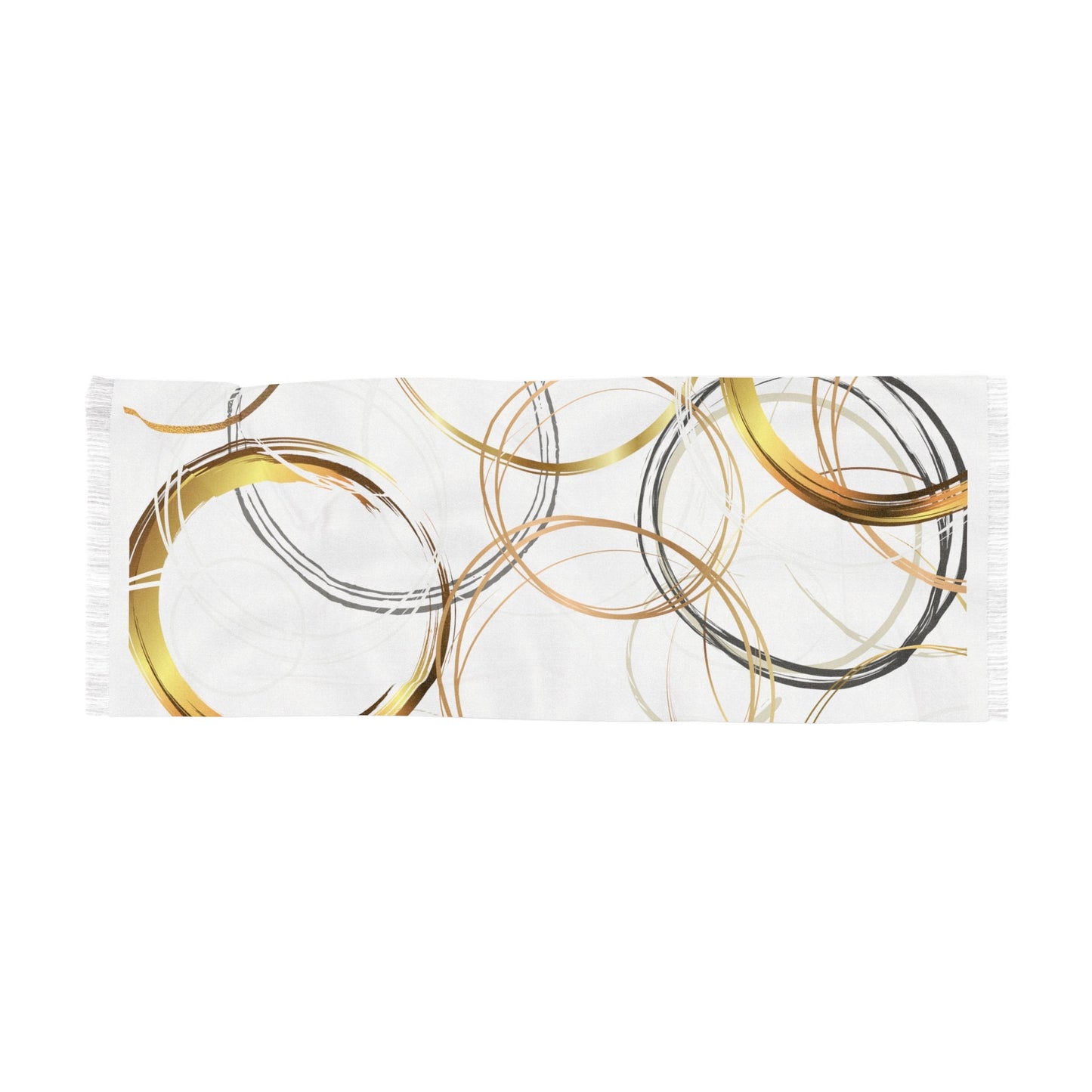 Light Scarf with Original Digital Design Print, Gold and Browns Abstract Rings Over White, Neutral Palette