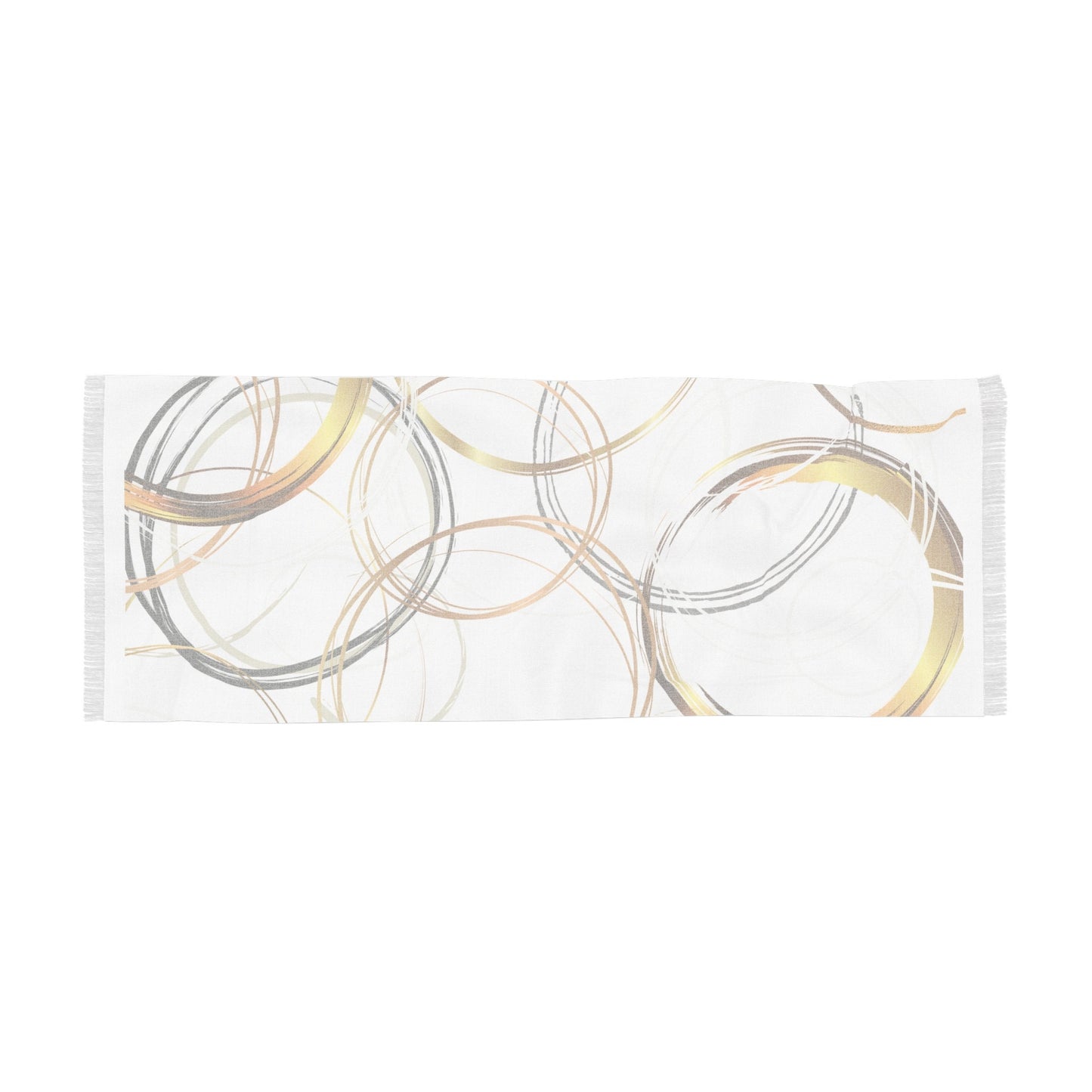 Light Scarf with Original Digital Design Print, Gold and Browns Abstract Rings Over White, Neutral Palette