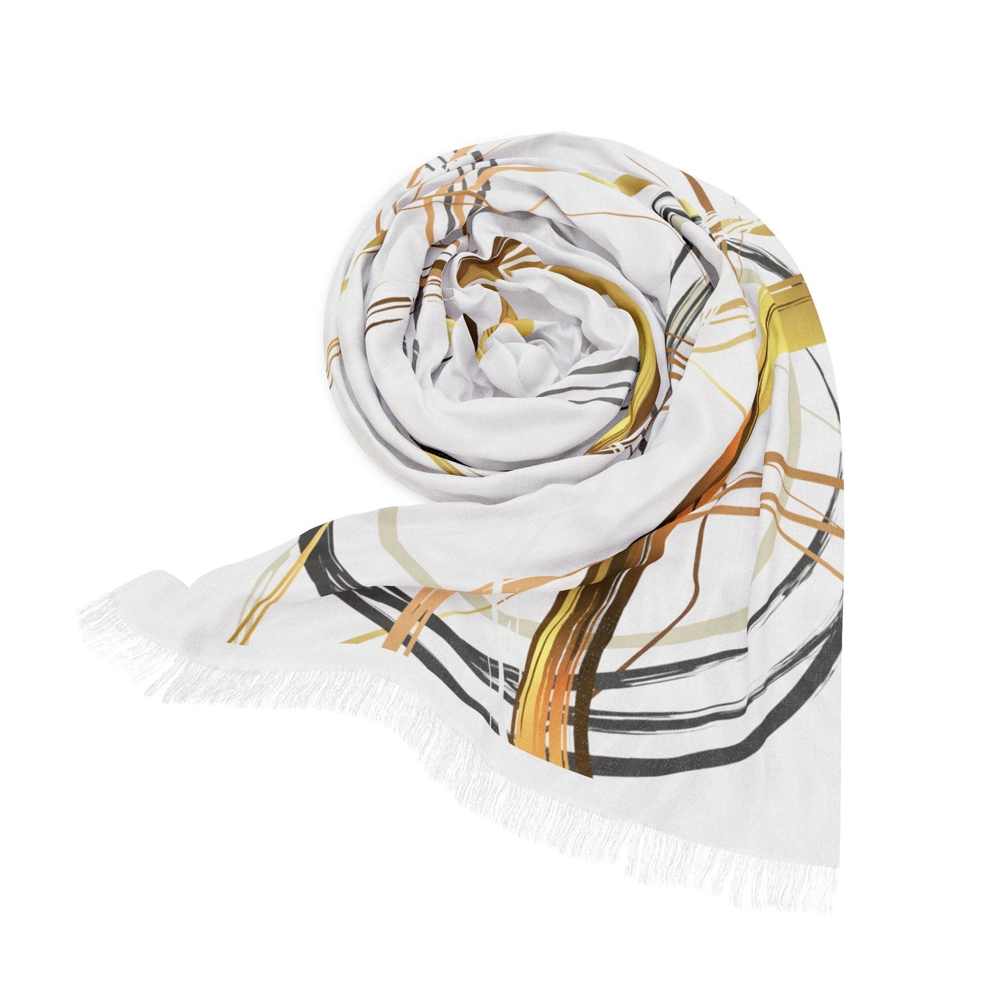 Light Scarf with Original Digital Design Print, Gold and Browns Abstract Rings Over White, Neutral Palette