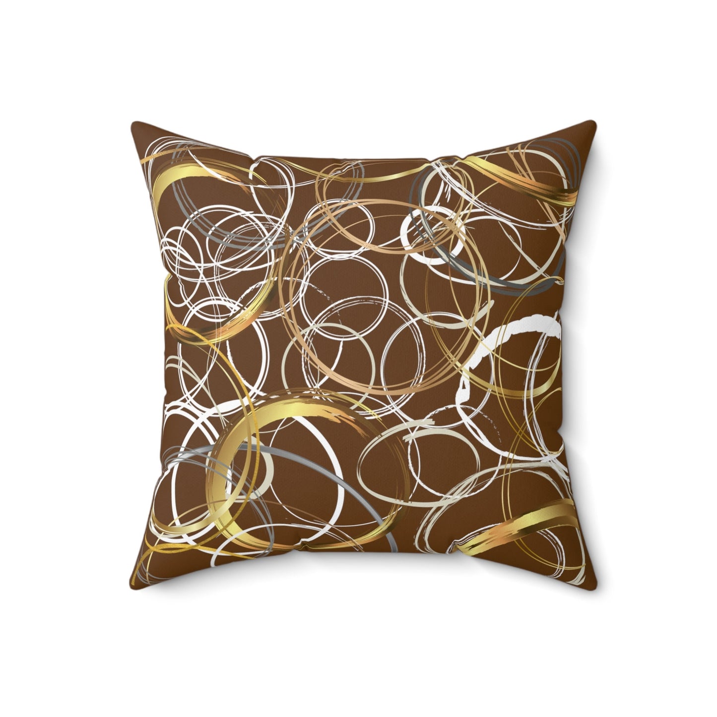 Spun Polyester Square Pillow Abstract Rings, Brown, Gold, Neutral Colors, Fashionable Statement Accent Piece for Any Room or Office