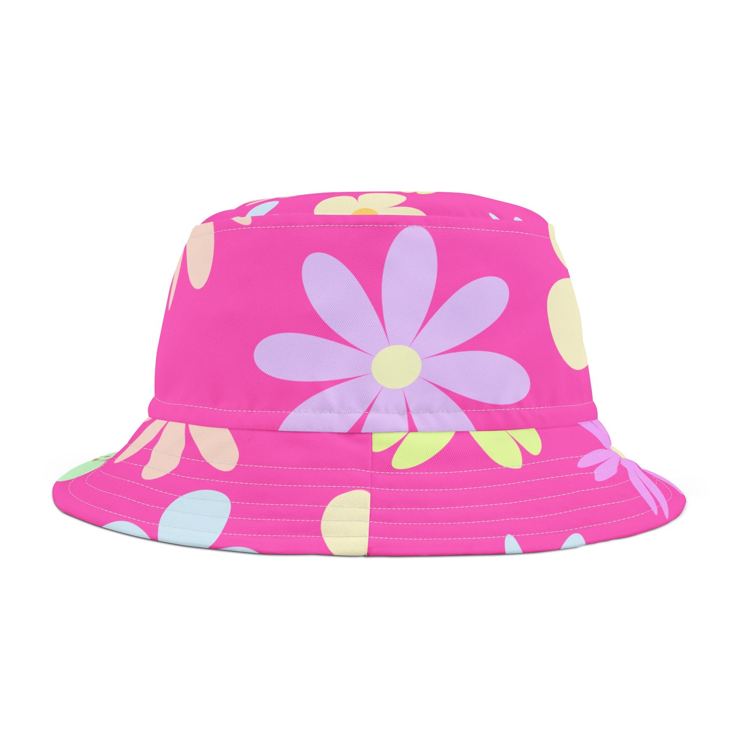 Bucket Hat Flower Power, Retro Flowers Over Pink.  Pretty, Mod Flowers. Great summer or Spring Hat, Many Flowers