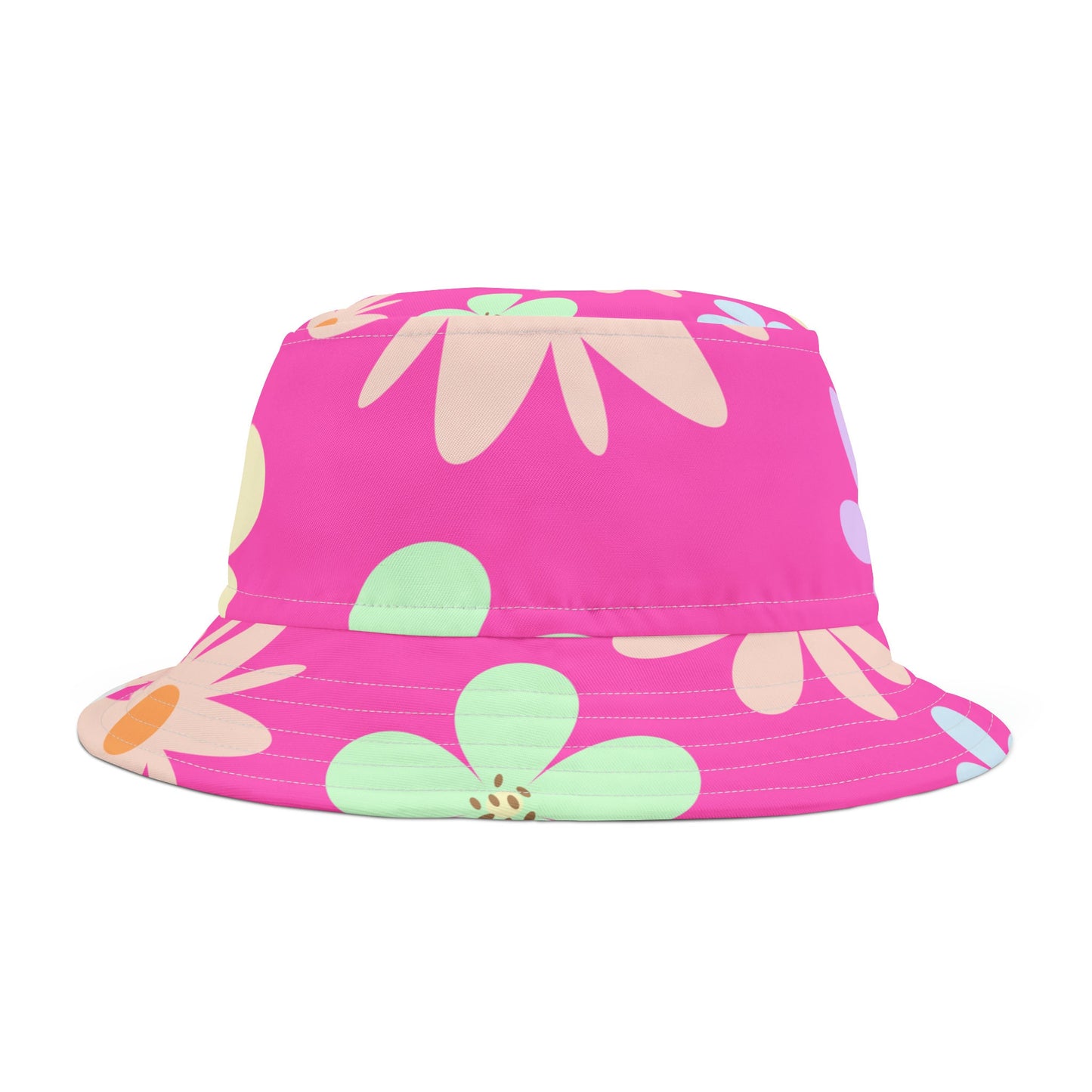 Bucket Hat Flower Power, Retro Flowers Over Pink.  Pretty, Mod Flowers. Great summer or Spring Hat, Many Flowers