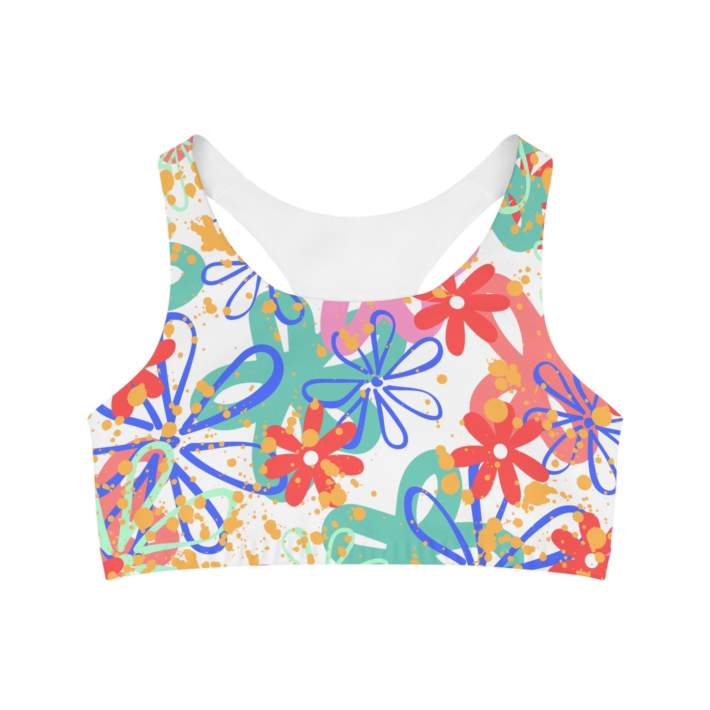 Seamless Sports Bra with Print of Random Retro Flowers, Multi Colors, Bright, Happy, Young, New, Original Design,Digital Art