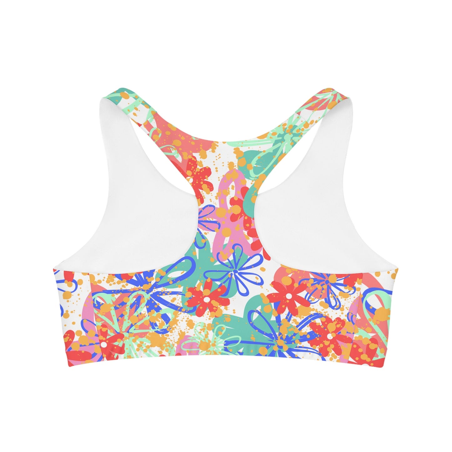 Seamless Sports Bra with Print of Random Retro Flowers, Multi Colors, Bright, Happy, Young, New, Original Design,Digital Art