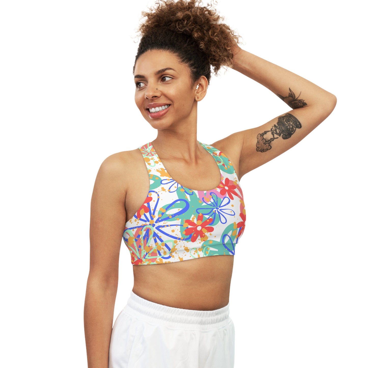 Seamless Sports Bra with Print of Random Retro Flowers, Multi Colors, Bright, Happy, Young, New, Original Design,Digital Art