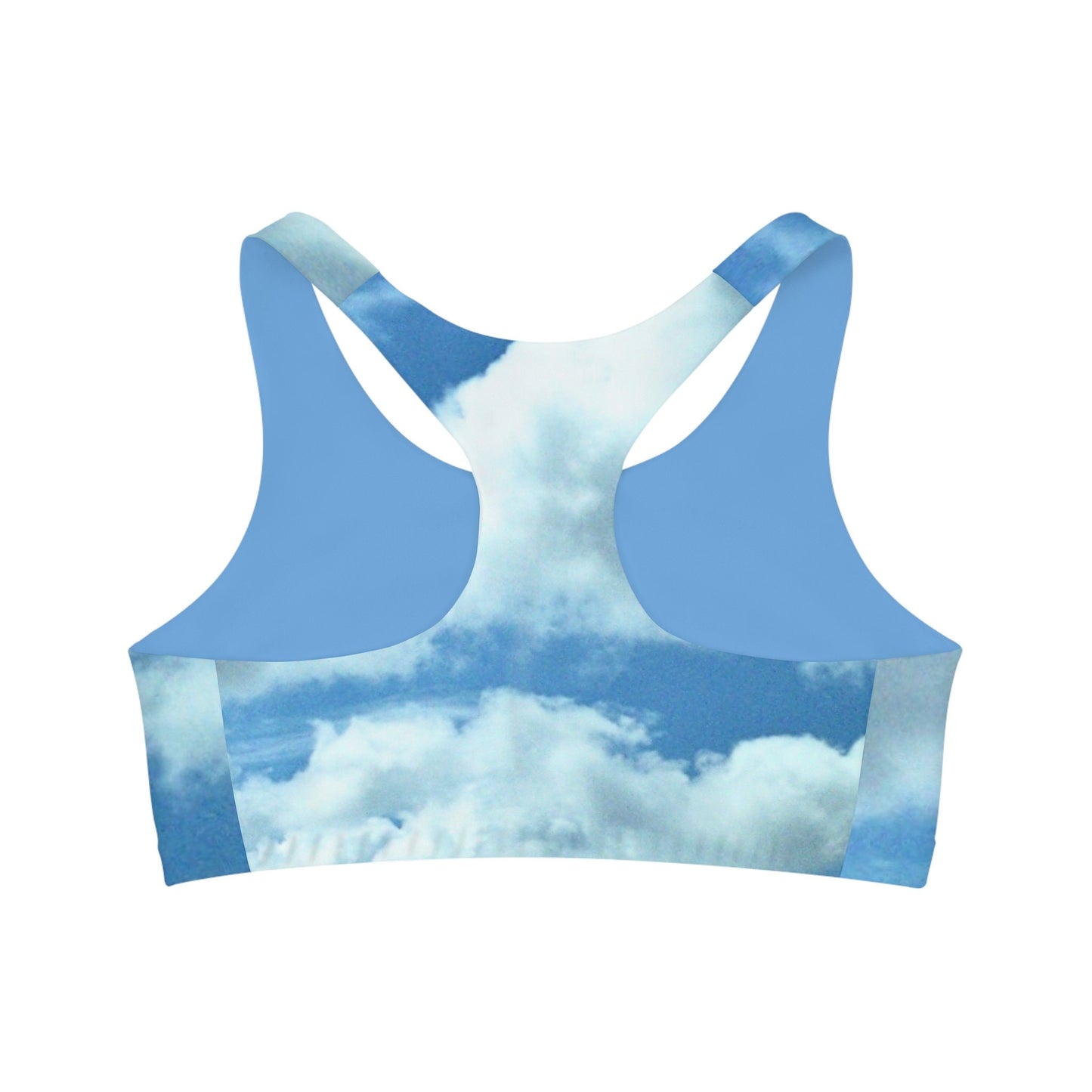 Seamless Sports Bra with Photo of Blue Sunny Sky,Pretty, White Fluffy Clouds. Unique, Stylish,Fashionable, New Original Design, New Designer